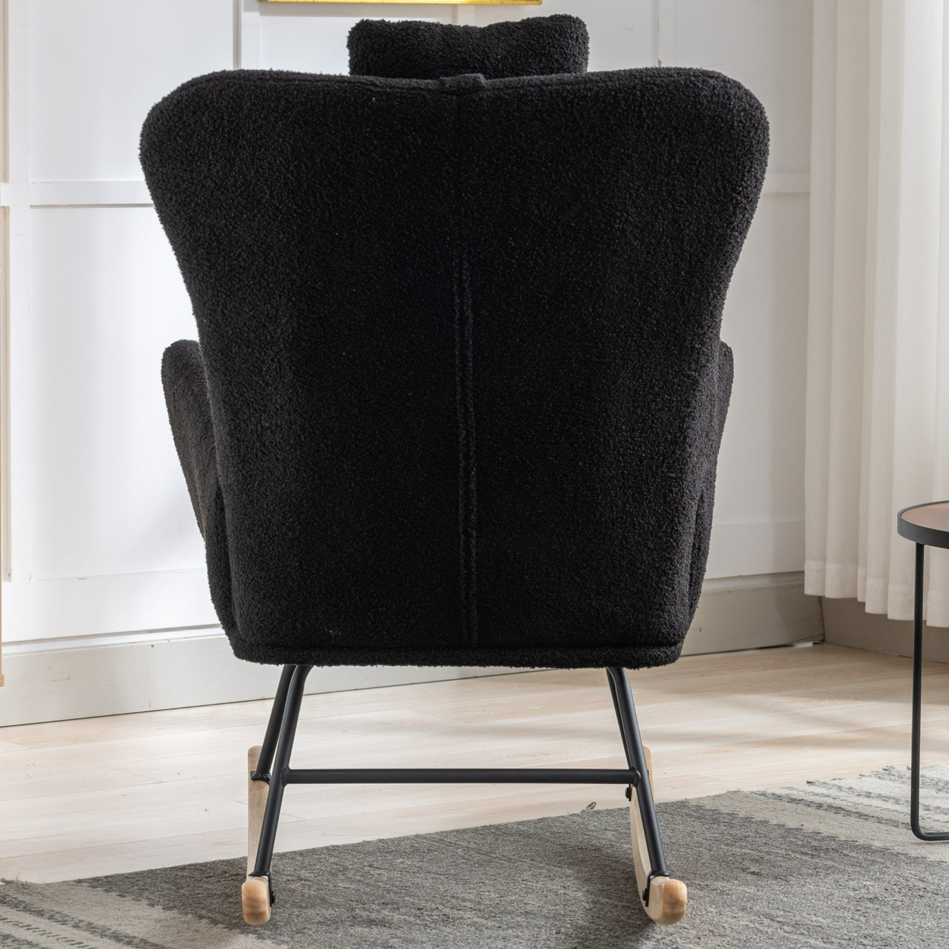 35.5 Inch Rocking Chair With Pocket, Soft Teddy Fabric Rocking Chair For Nursery, Comfy Wingback Glider Rocker With Safe Solid Wood Base For Living Room Bedroom Balcony Black Black Casual Foam Teddy