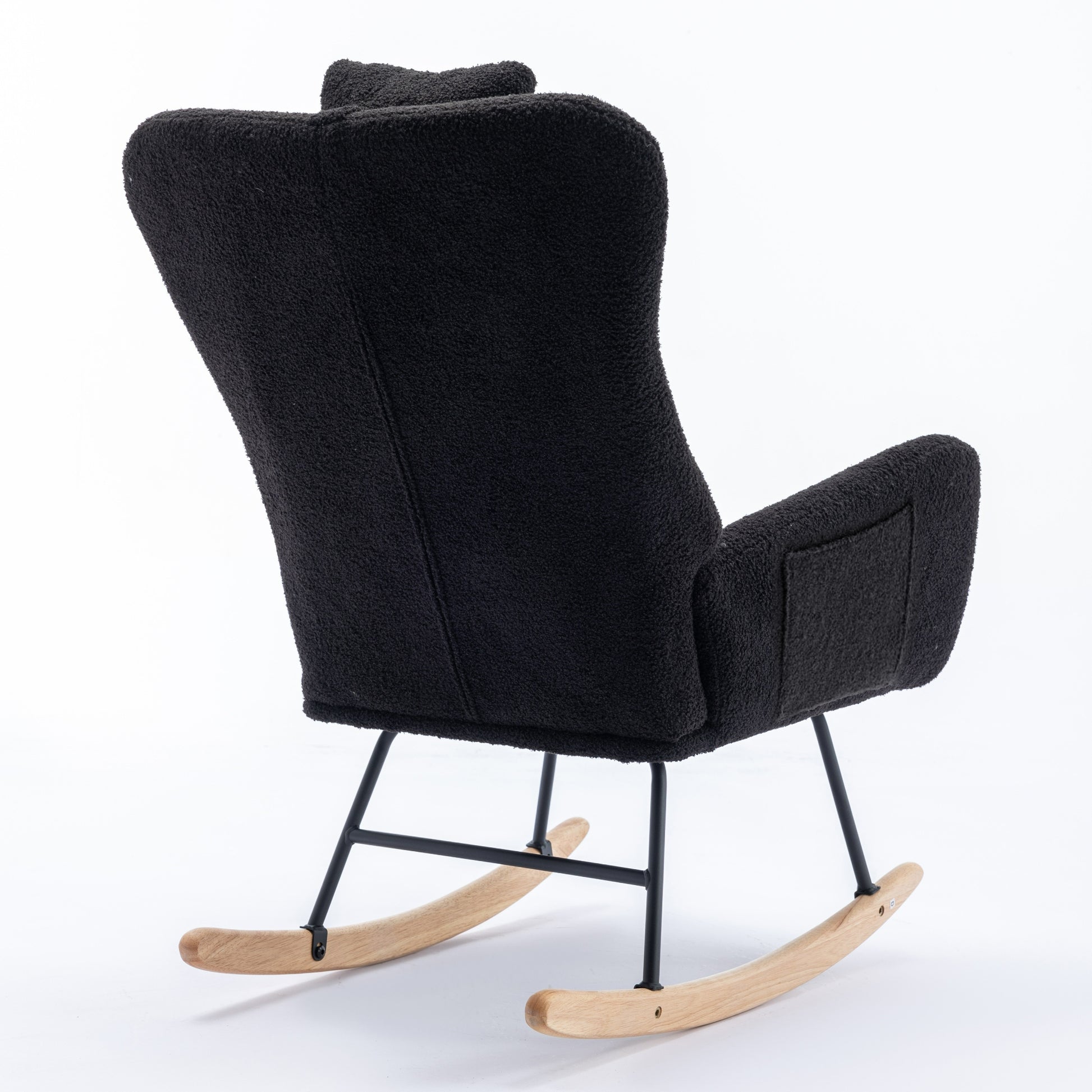 35.5 Inch Rocking Chair With Pocket, Soft Teddy Fabric Rocking Chair For Nursery, Comfy Wingback Glider Rocker With Safe Solid Wood Base For Living Room Bedroom Balcony Black Black Casual Foam Teddy