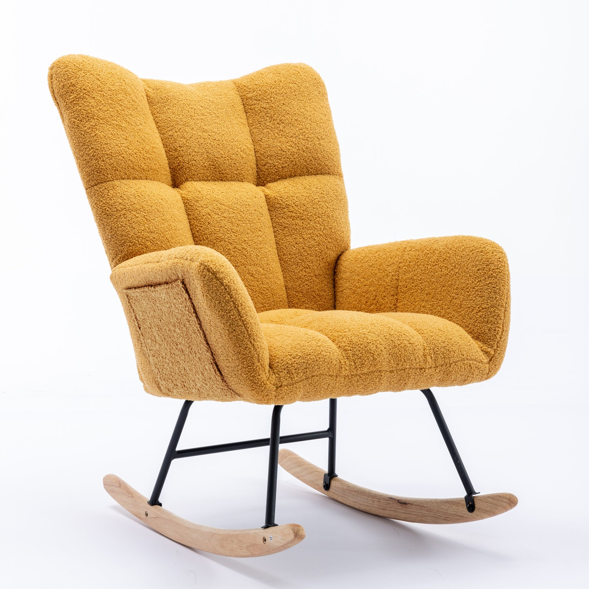 Rocking Chair With Pocket, Soft Teddy Fabric Rocking Chair For Nursery, Comfy Wingback Glider Rocker With Safe Solid Wood Base For Living Room Bedroom Balcony Turmeric Yellow Casual Foam Teddy