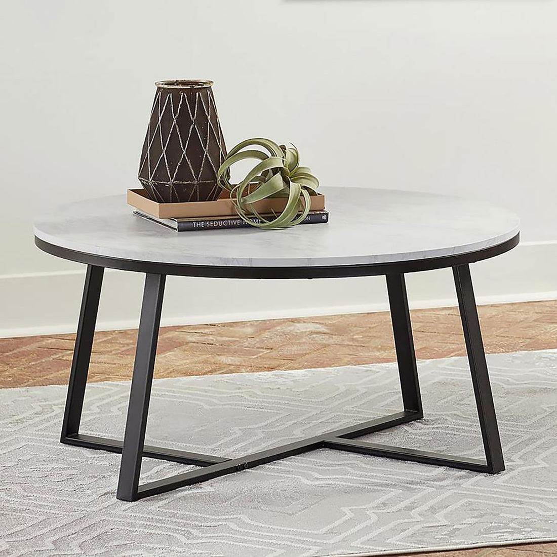 White Faux Marble And Matte Black Coffee Table White Primary Living Space Contemporary,Modern Round Coffee & End Tables Wood Trestle