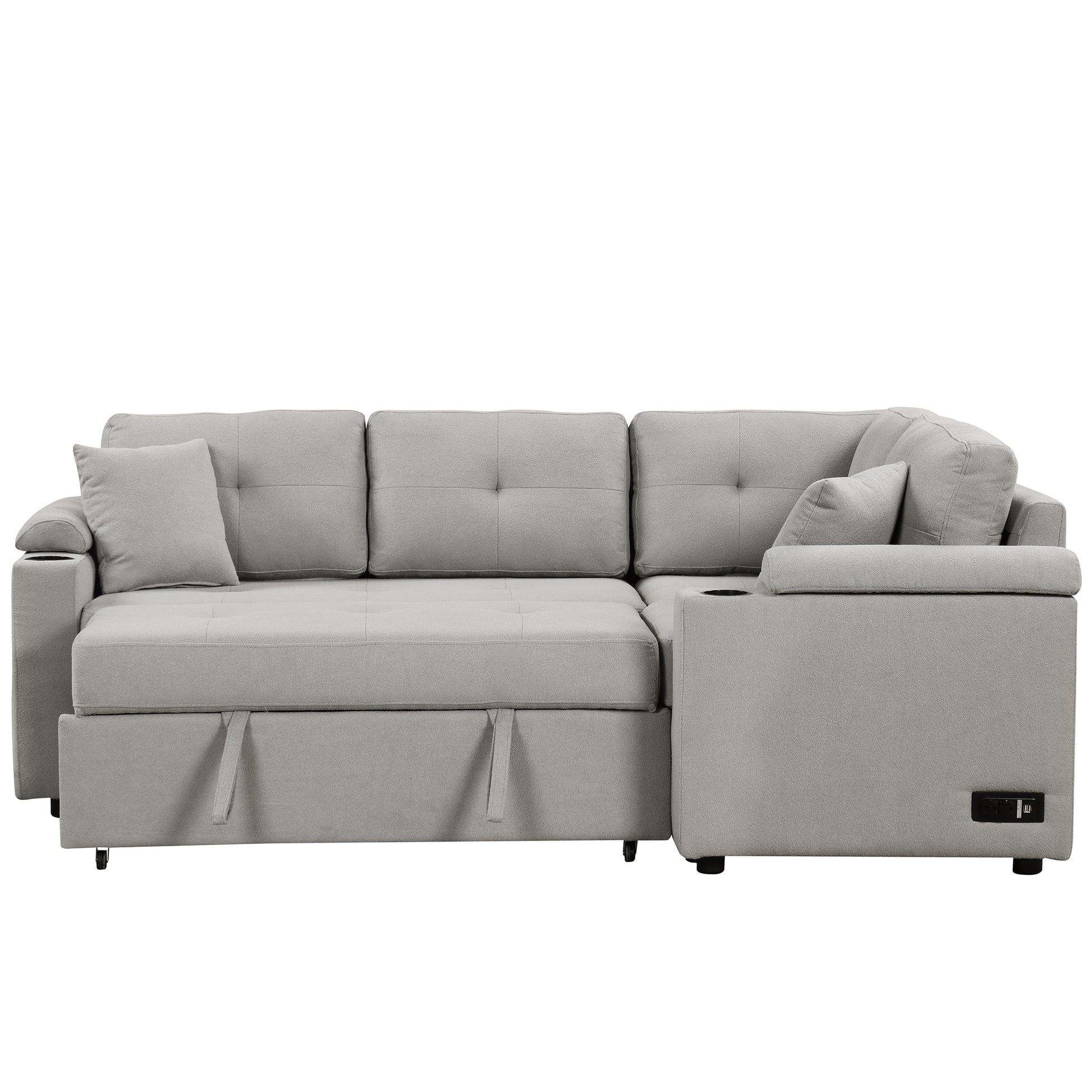 83" L Shape Sofa Bed Pull Out Sleeper Sofa With Wheels, Usb Ports, Power Sockets For Living Room, Grey Grey Foam Boucle 3 Seat