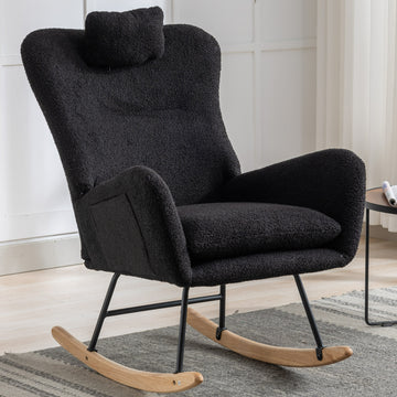 35.5 Inch Rocking Chair With Pocket, Soft Teddy Fabric Rocking Chair For Nursery, Comfy Wingback Glider Rocker With Safe Solid Wood Base For Living Room Bedroom Balcony Black Black Casual Foam Teddy