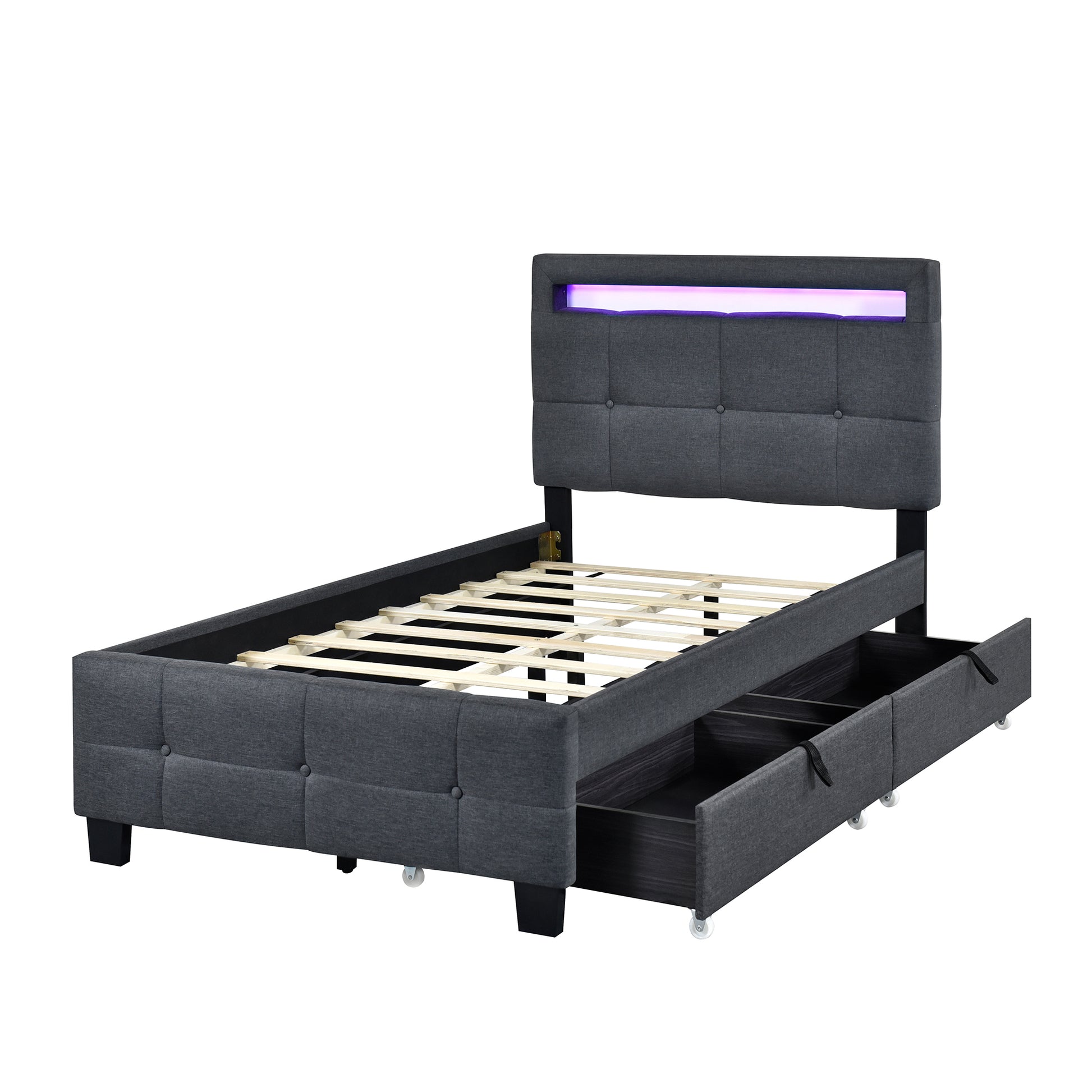 Twin Size Upholstered Platform Bed With Led Frame And 2 Drawers, Linen Fabric, Gray Gray Linen