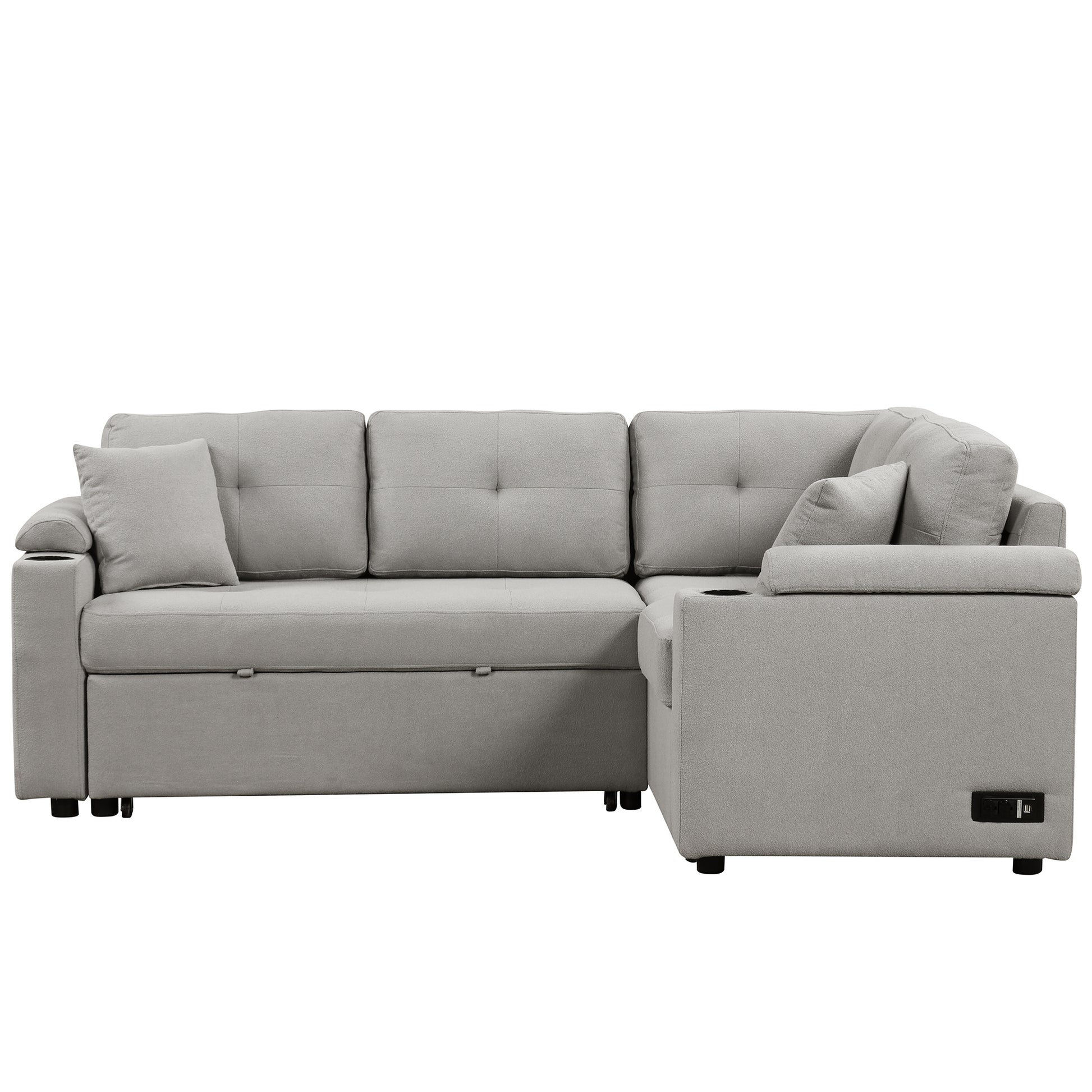 83" L Shape Sofa Bed Pull Out Sleeper Sofa With Wheels, Usb Ports, Power Sockets For Living Room, Grey Grey Foam Boucle 3 Seat