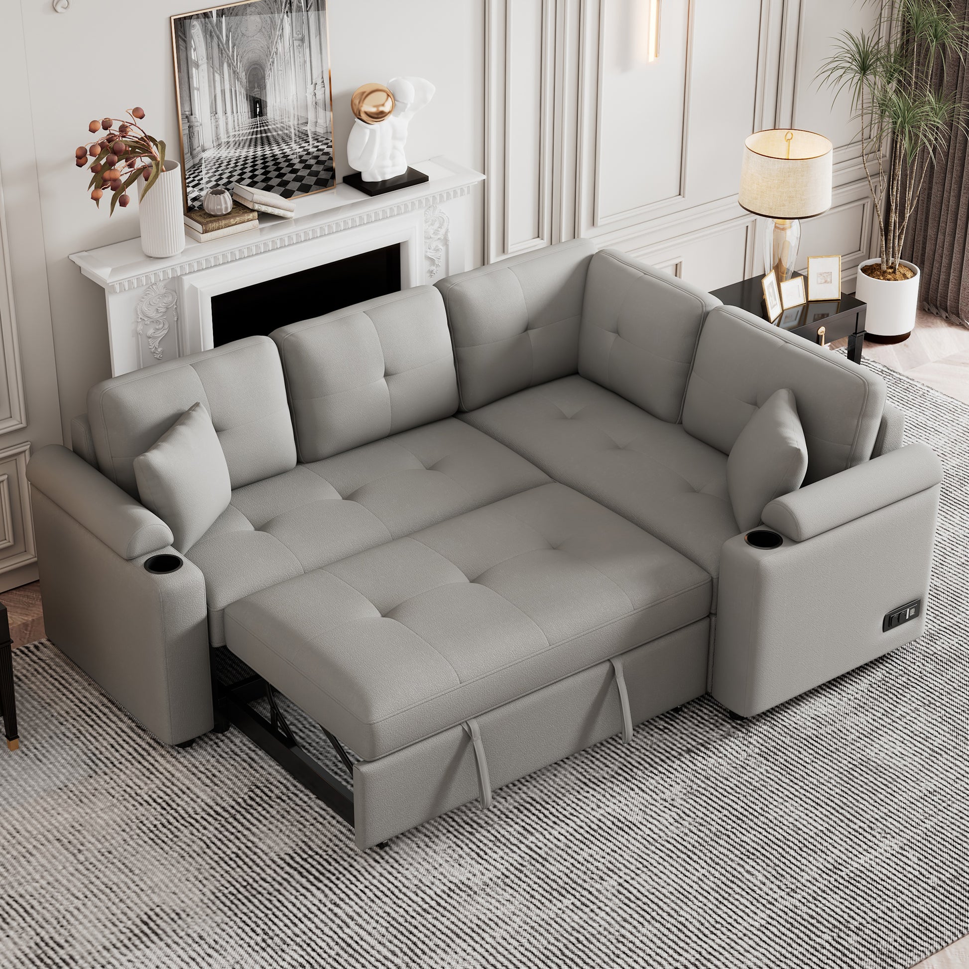 83" L Shape Sofa Bed Pull Out Sleeper Sofa With Wheels, Usb Ports, Power Sockets For Living Room, Grey Grey Foam Boucle 3 Seat