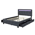 Queen Size Upholstered Platform Bed With Led Frame And 4 Drawers, Linen Fabric, Gray Gray Linen