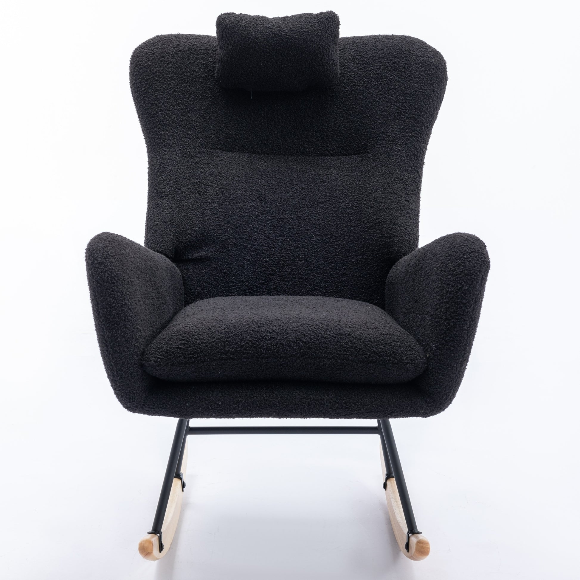 35.5 Inch Rocking Chair With Pocket, Soft Teddy Fabric Rocking Chair For Nursery, Comfy Wingback Glider Rocker With Safe Solid Wood Base For Living Room Bedroom Balcony Black Black Casual Foam Teddy