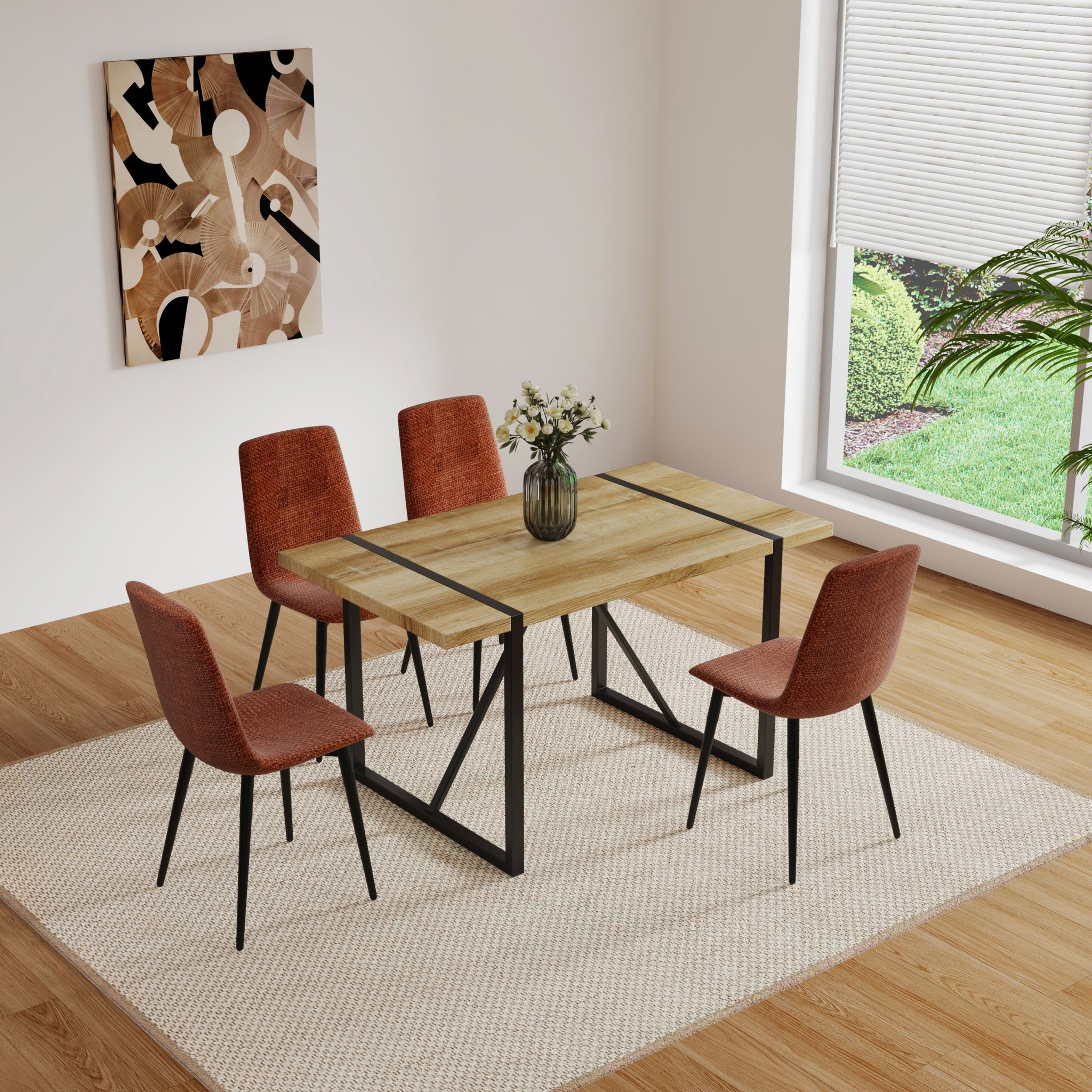 Mdf Wood Colour Dining Table And Modern Dining Chairs Set Of 4, Mid Century Wooden Kitchen Table Set, Metal Base & Legs, Dining Room Table And Linen Chairs Natural Wood Caramel Kitchen Mid Century Modern Mdf