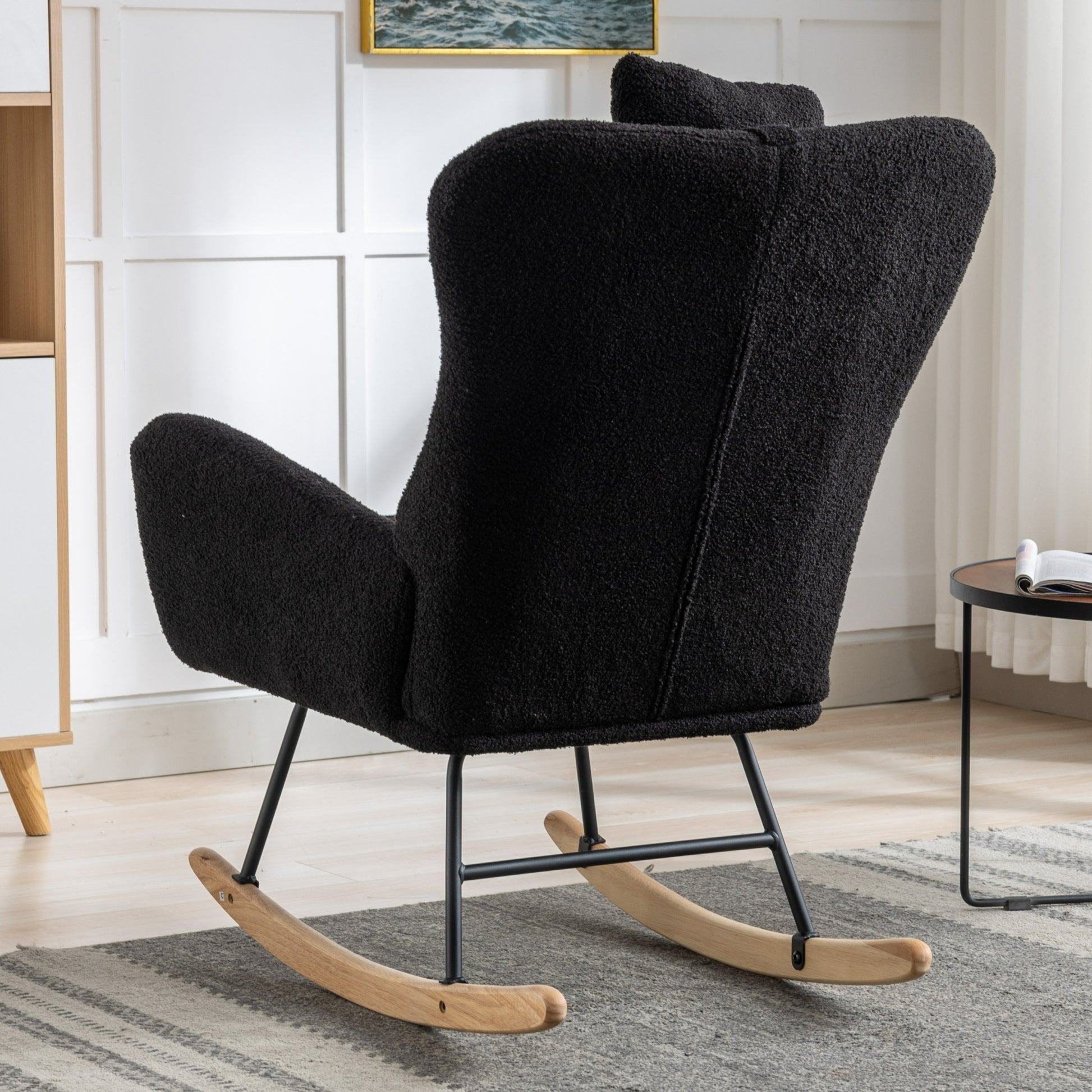 35.5 Inch Rocking Chair With Pocket, Soft Teddy Fabric Rocking Chair For Nursery, Comfy Wingback Glider Rocker With Safe Solid Wood Base For Living Room Bedroom Balcony Black Black Casual Foam Teddy