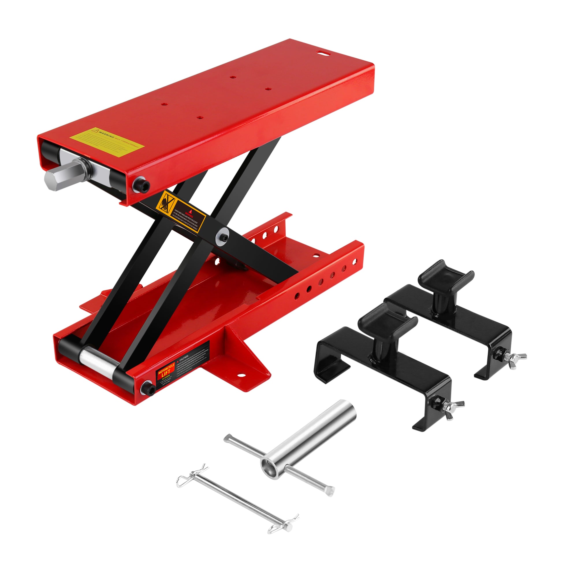 Motorcycle Center Scissor Lift Jack Hoist Stand Bikes Atvs Scooter Crank Stand With Saddle And Safety Pins 1100 Lb Red Steel