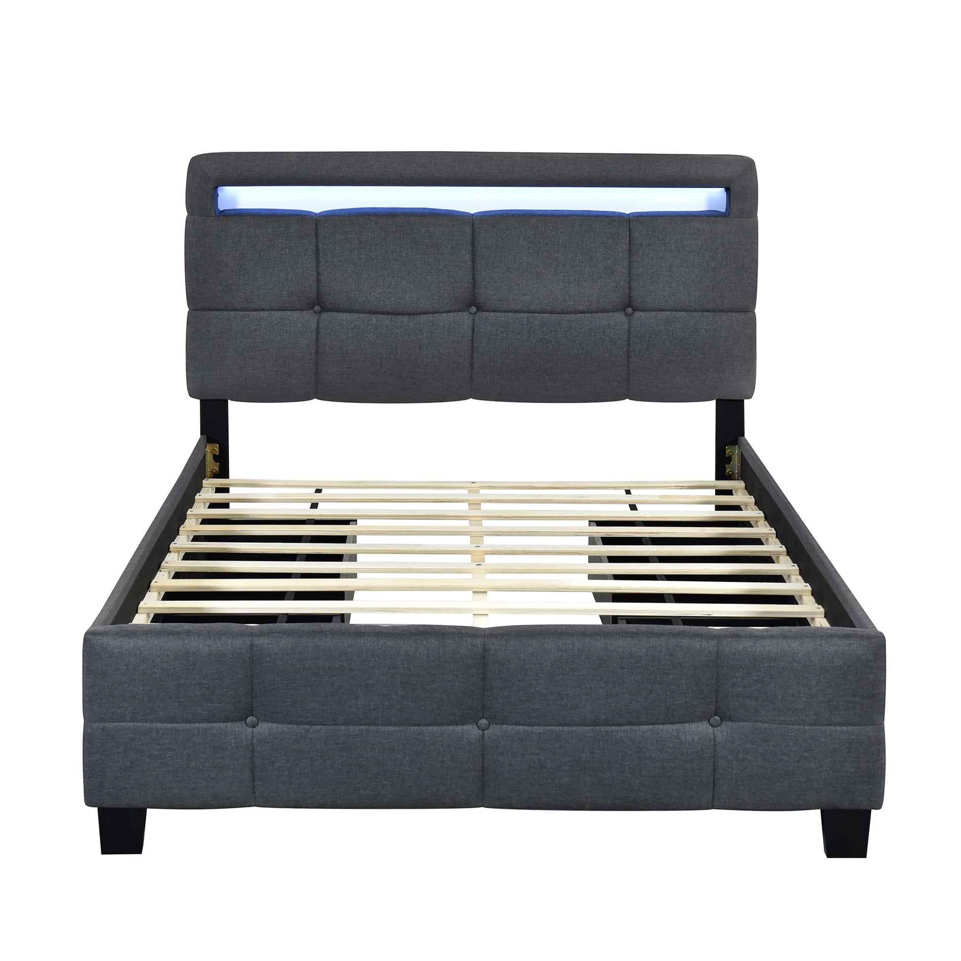 Full Size Upholstered Platform Bed With Led Frame And 4 Drawers, Linen Fabric, Gray Gray Linen