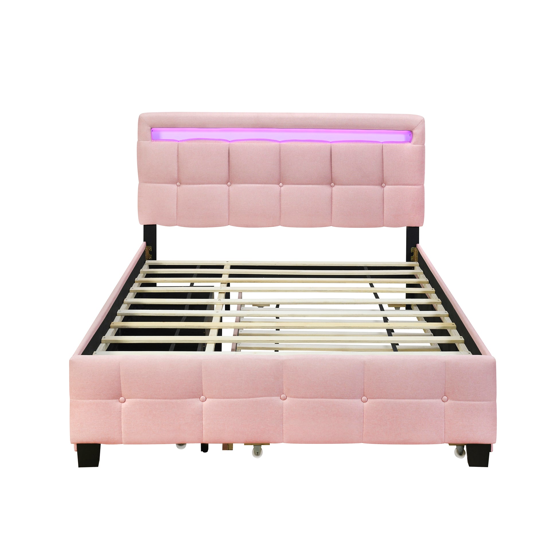 Queen Size Upholstered Platform Bed With Led Frame, With Twin Xl Size Trundle And 2 Drawers, Linen Fabric, Pink Pink Linen