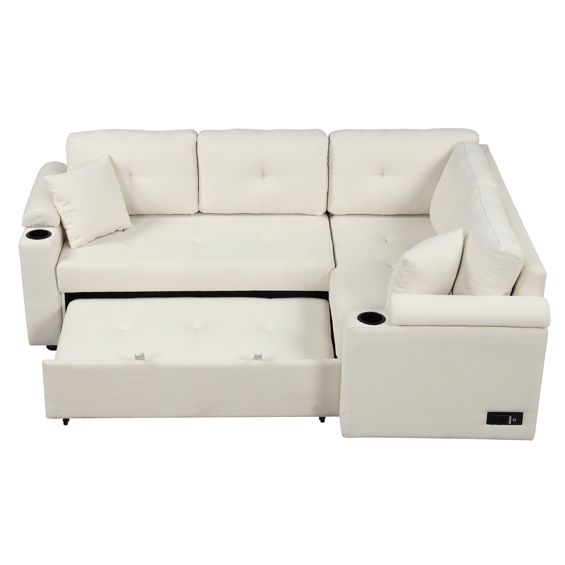 83" L Shape Sofa Bed Pull Out Sleeper Sofa With Wheels, Usb Ports, Power Sockets For Living Room, Beige Beige Foam Boucle 3 Seat