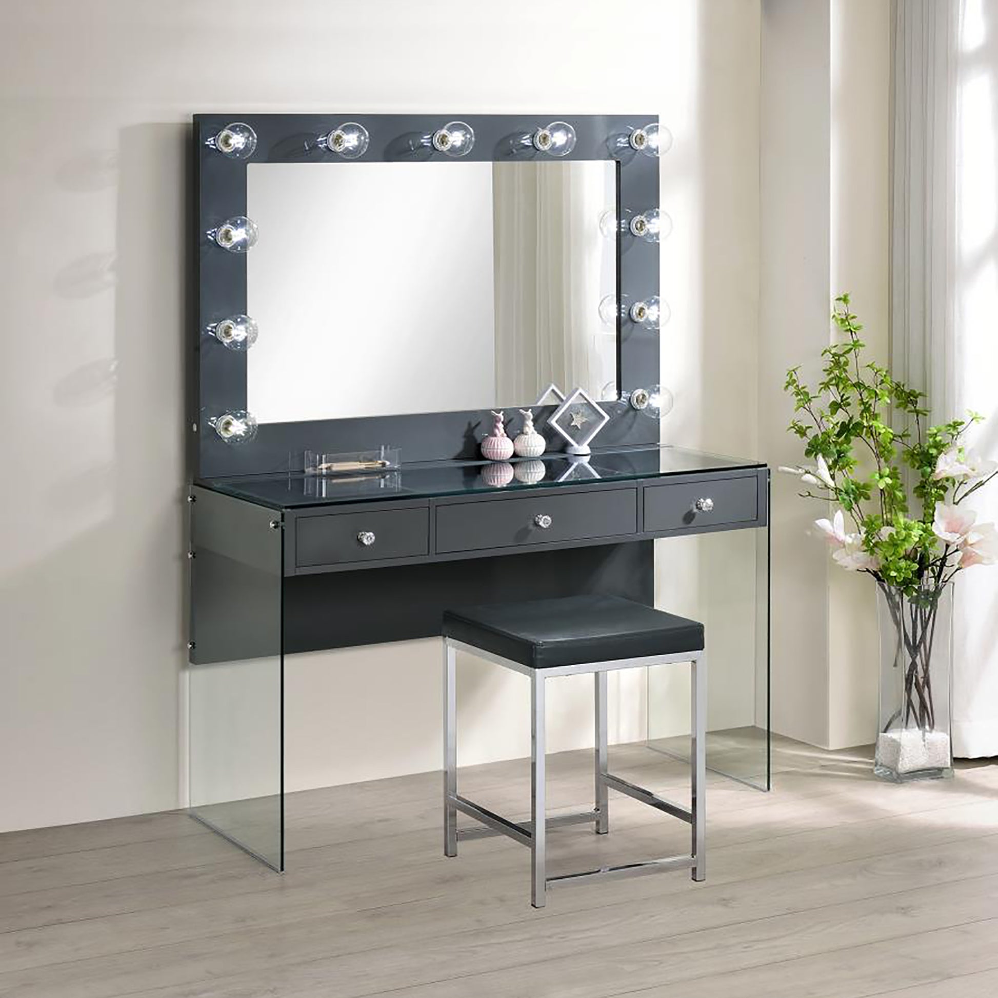 dark grey dressing table stool Marbury Slate Grey Painted Twin Pedestal Dressing Table Set with Stool