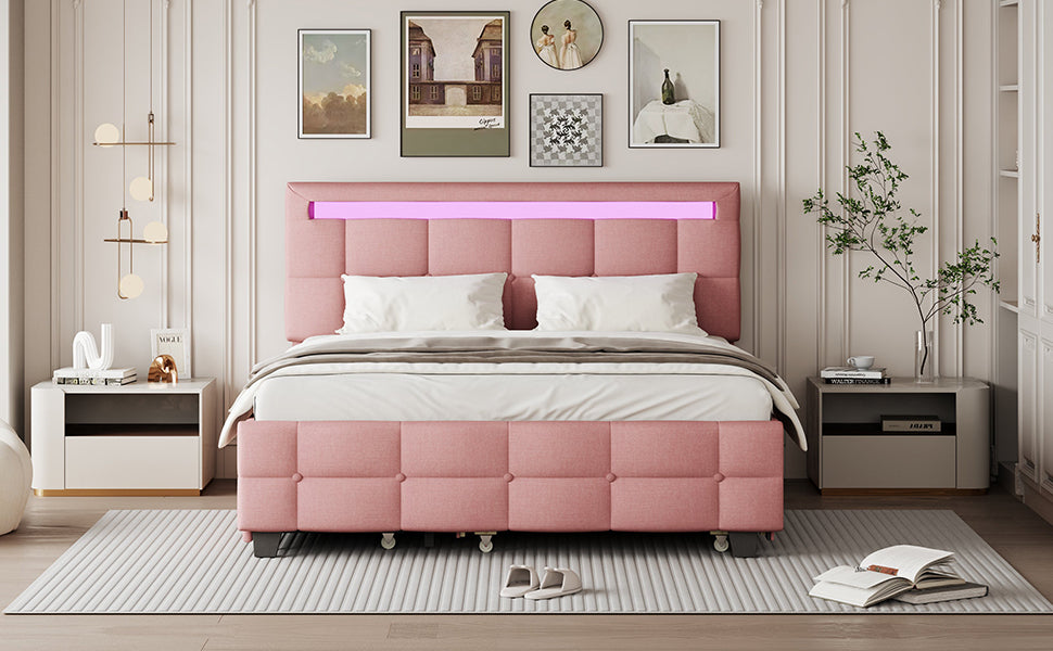 Queen Size Upholstered Platform Bed With Led Frame, With Twin Xl Size Trundle And 2 Drawers, Linen Fabric, Pink Pink Linen
