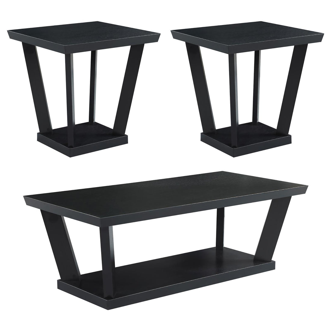 Black 3 Piece Occasional Set With Bottom Shelf Black Primary Living Space Contemporary,Modern Rectangular Open Storage Coffee & End Tables Wood Trestle