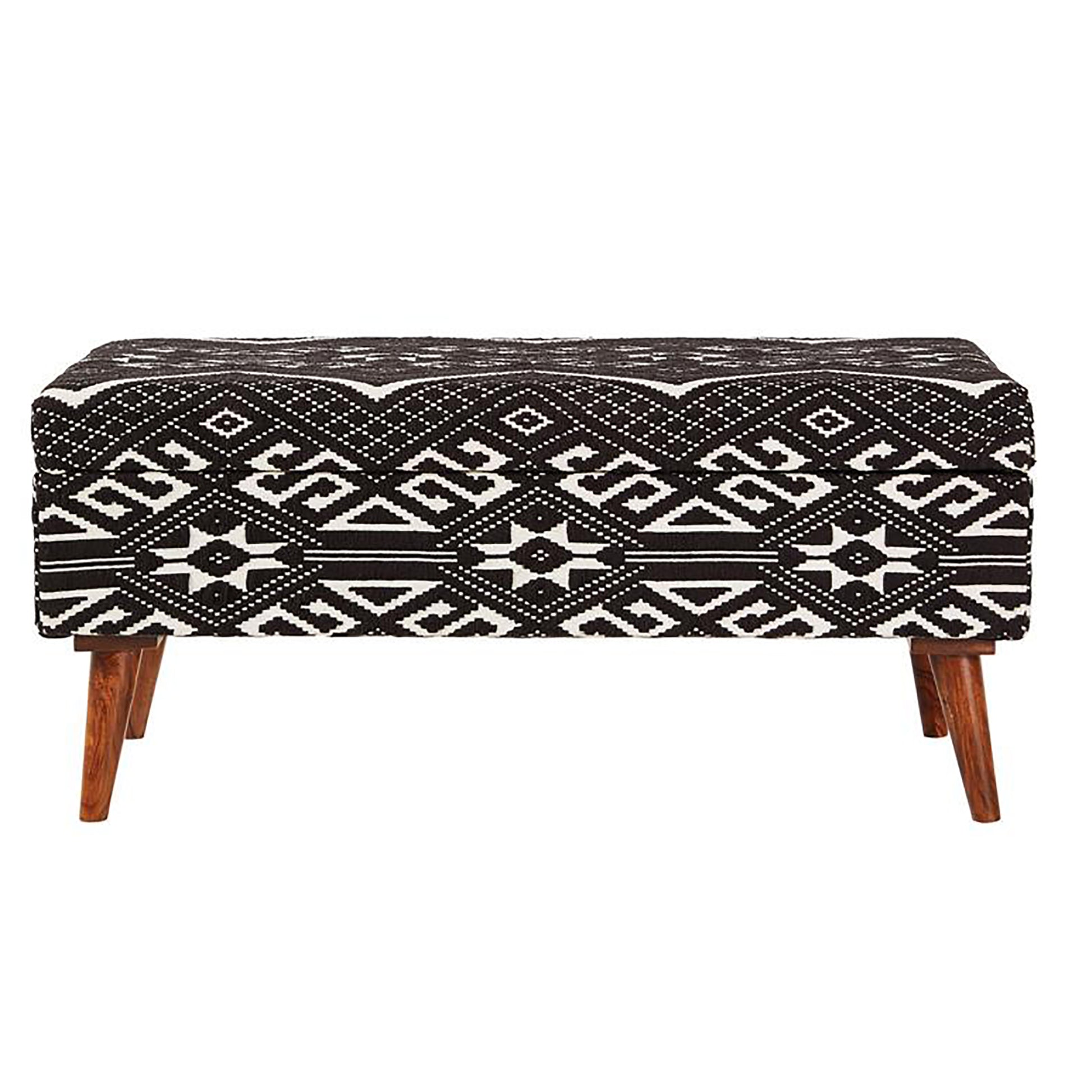 Black And White Upholstered Storage Bench Cushioned Black Brown Primary Living Space Cotton Or Cotton Blend Ikat Black Mid Century Modern Mango Wood Internal Storage Foam Fabric