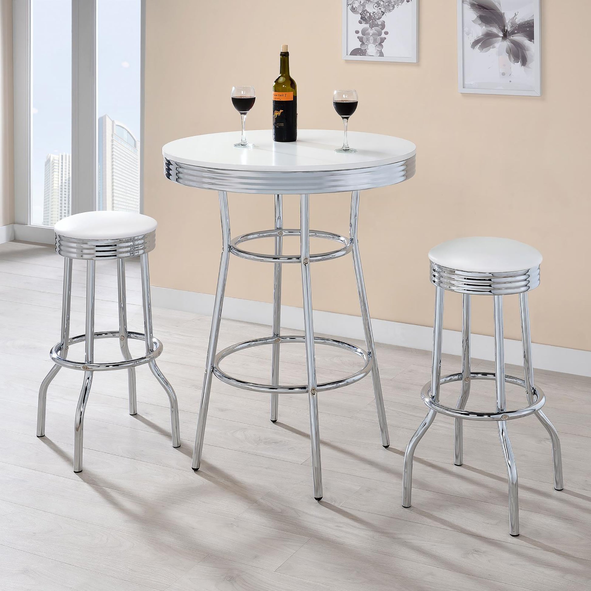 Werner Glossy White And Chrome Round Bar Table White Dining Room Contemporary,Modern Round Kitchen & Dining Tables Glossy Wood