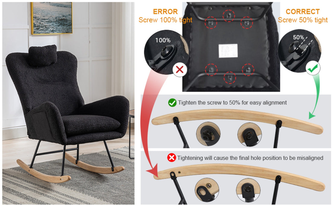 35.5 Inch Rocking Chair With Pocket, Soft Teddy Fabric Rocking Chair For Nursery, Comfy Wingback Glider Rocker With Safe Solid Wood Base For Living Room Bedroom Balcony Black Black Casual Foam Teddy