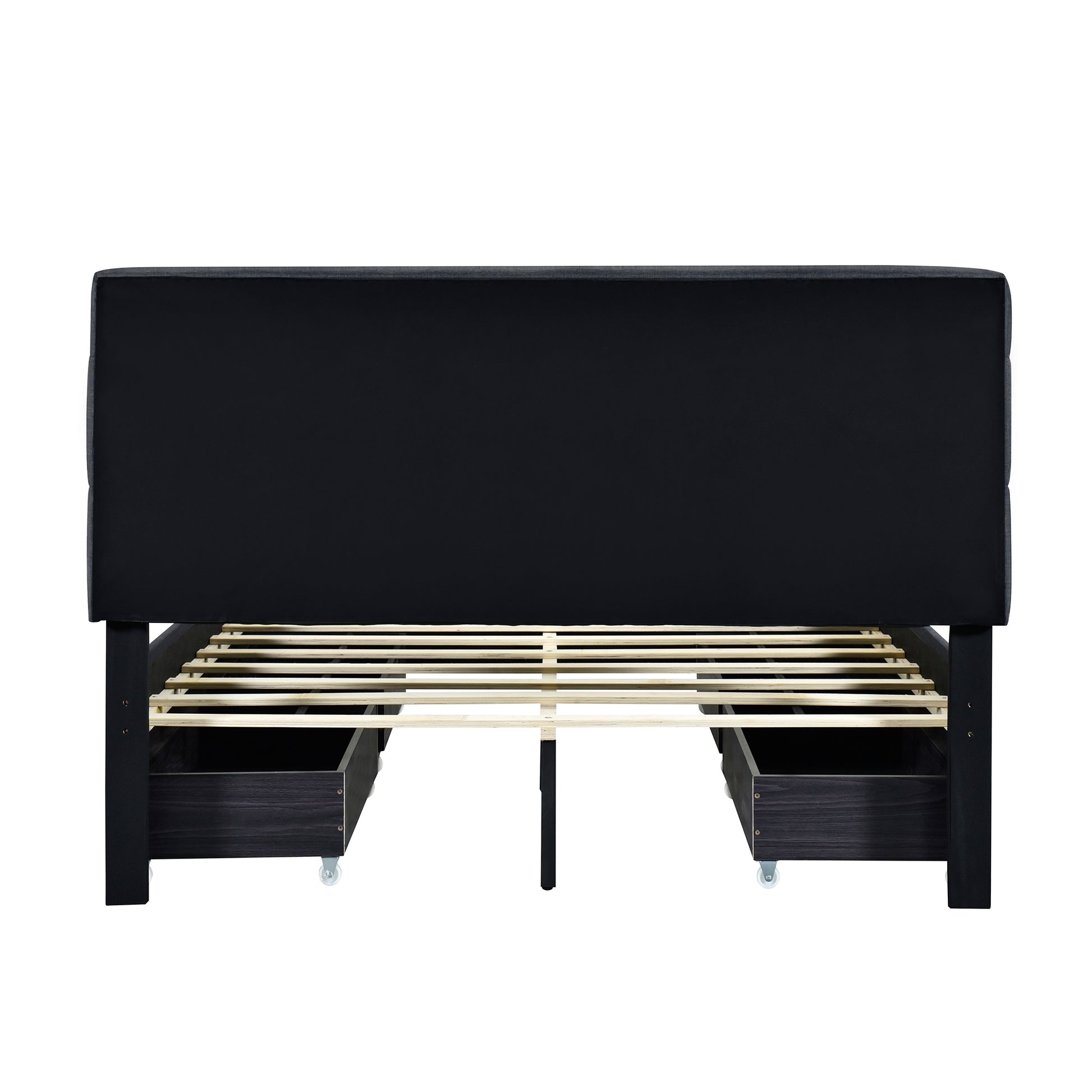 Queen Size Upholstered Platform Bed With Led Frame And 4 Drawers, Linen Fabric, Gray Gray Linen