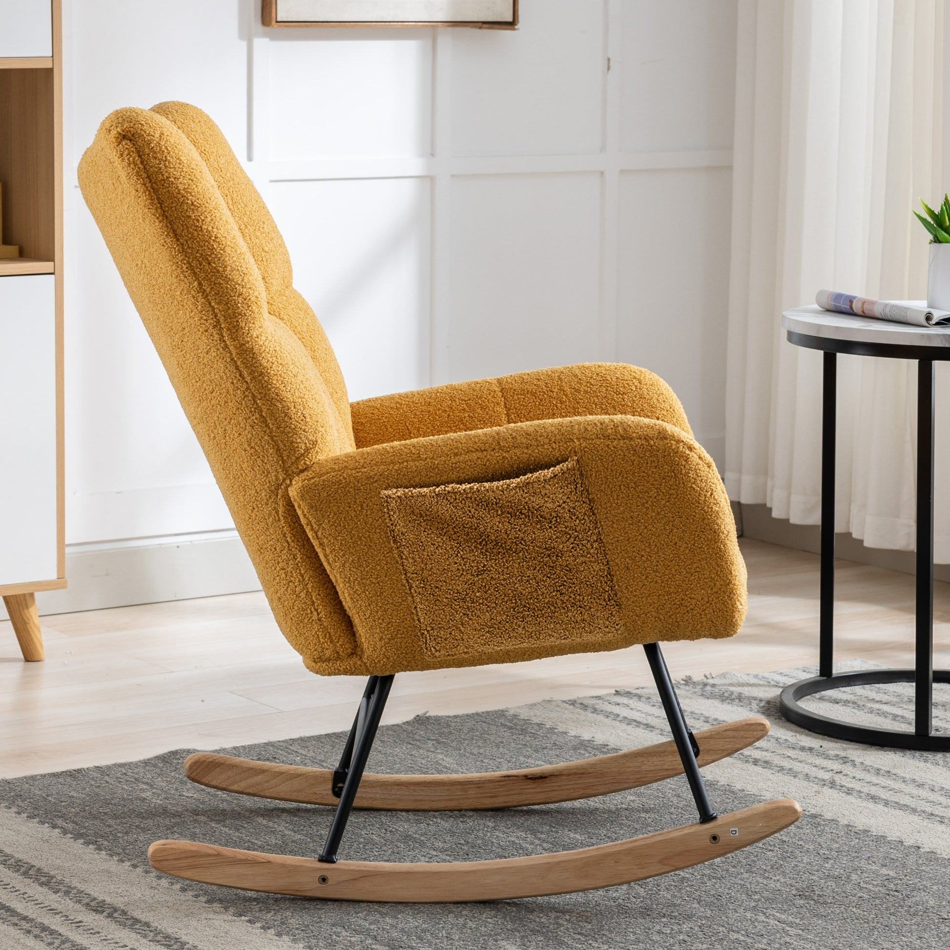 Rocking Chair With Pocket, Soft Teddy Fabric Rocking Chair For Nursery, Comfy Wingback Glider Rocker With Safe Solid Wood Base For Living Room Bedroom Balcony Turmeric Yellow Casual Foam Teddy