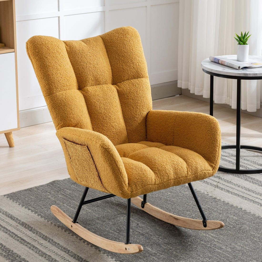 Rocking Chair With Pocket, Soft Teddy Fabric Rocking Chair For Nursery, Comfy Wingback Glider Rocker With Safe Solid Wood Base For Living Room Bedroom Balcony Turmeric Yellow Casual Foam Teddy