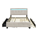 Queen Size Upholstered Platform Bed With Led Frame, With Twin Xl Size Trundle And 2 Drawers, Linen Fabric, Beige Beige Linen