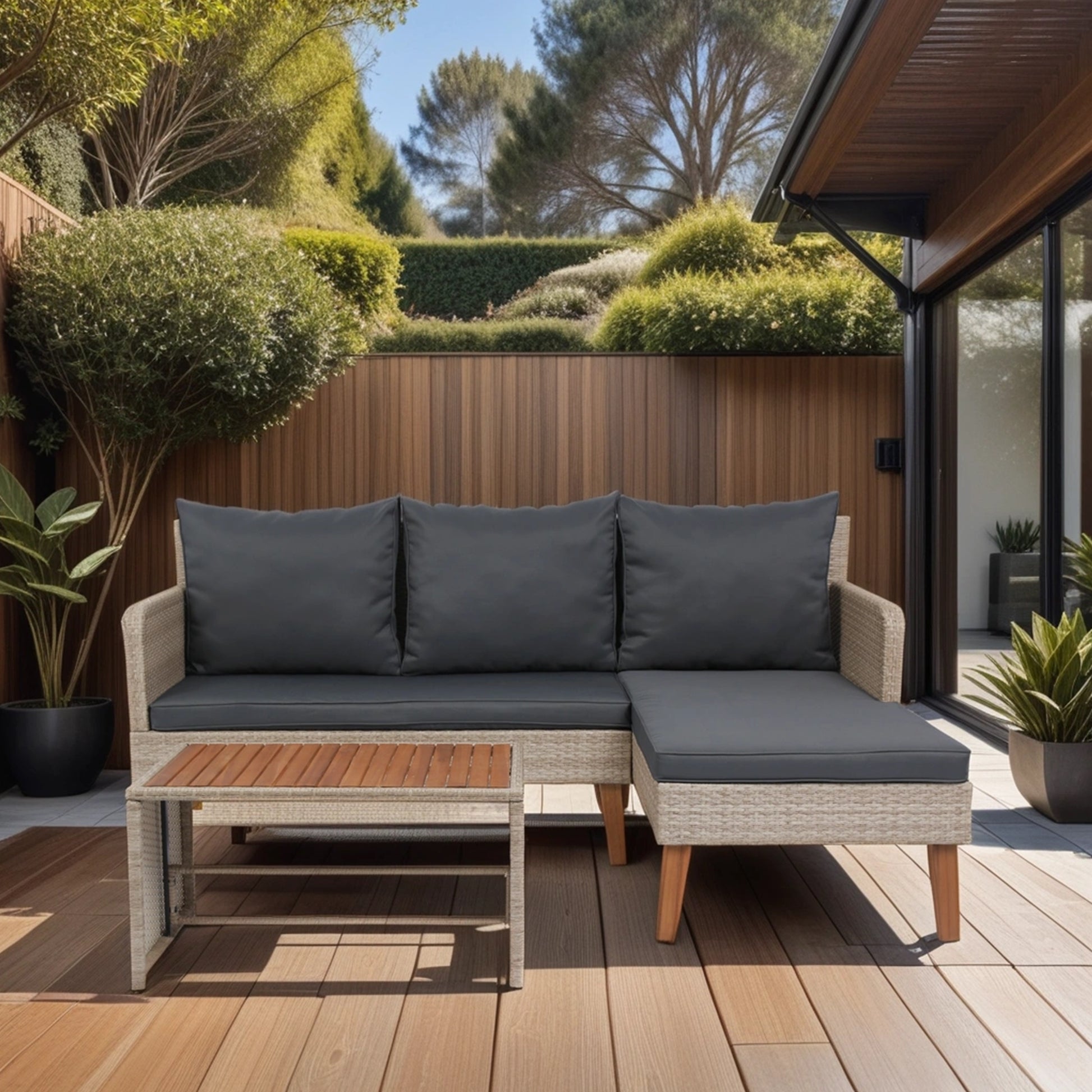 3 Piece Patio Sectional Wicker Rattan Outdoor Furniture Sofa Set Natural Yellow Wicker Dark Grey Cushion Yes Complete Patio Set Dark Grey Rust Resistant Frame Mildew Resistant Cushion Garden & Outdoor Modern Complete Patio Sets Fiber Foam Pads Pe Rattan