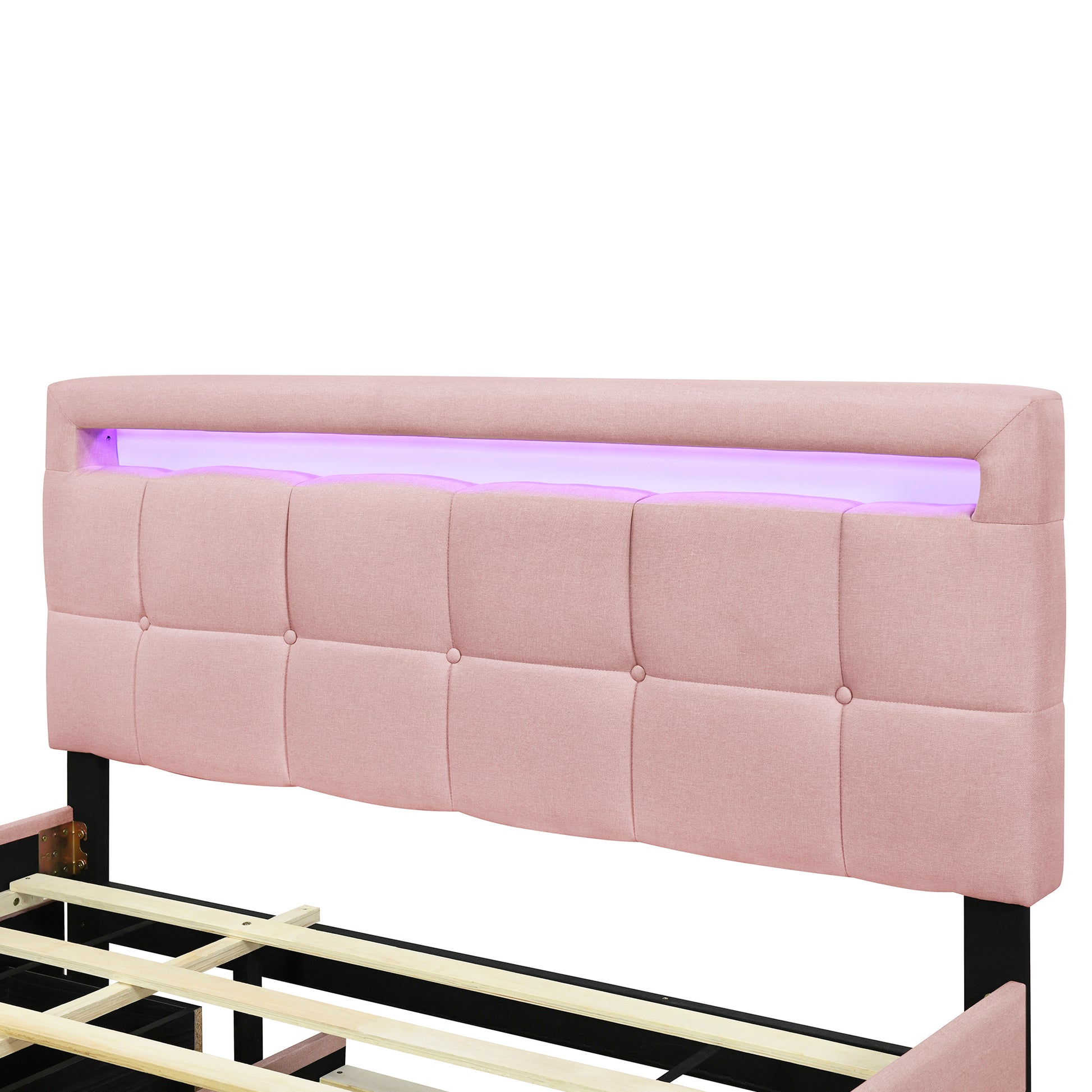 Queen Size Upholstered Platform Bed With Led Frame, With Twin Xl Size Trundle And 2 Drawers, Linen Fabric, Pink Pink Linen