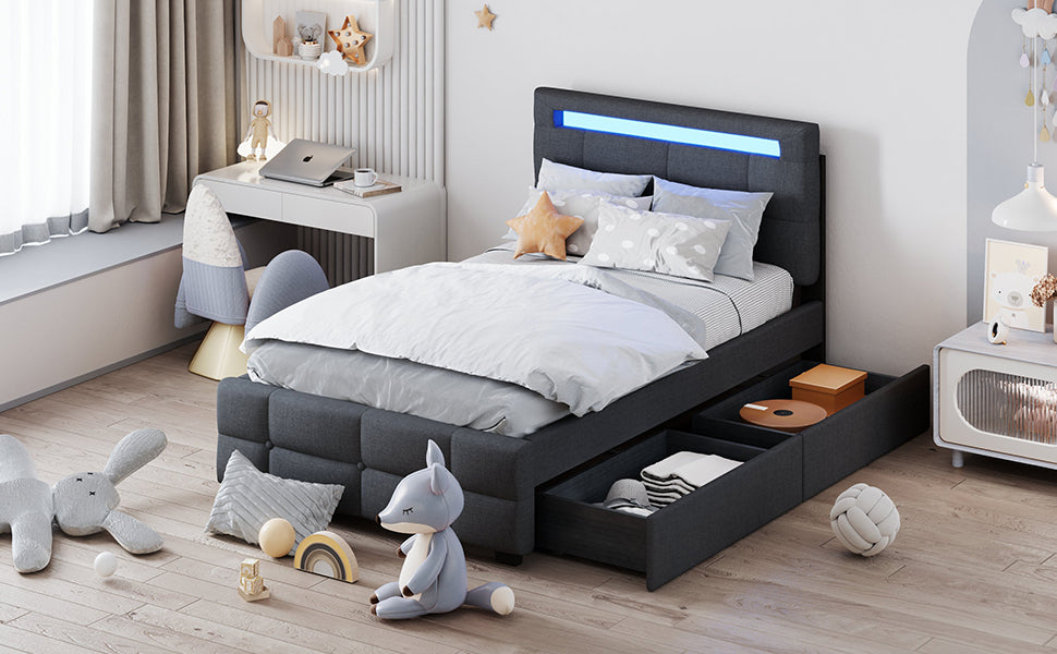 Twin Size Upholstered Platform Bed With Led Frame And 2 Drawers, Linen Fabric, Gray Gray Linen