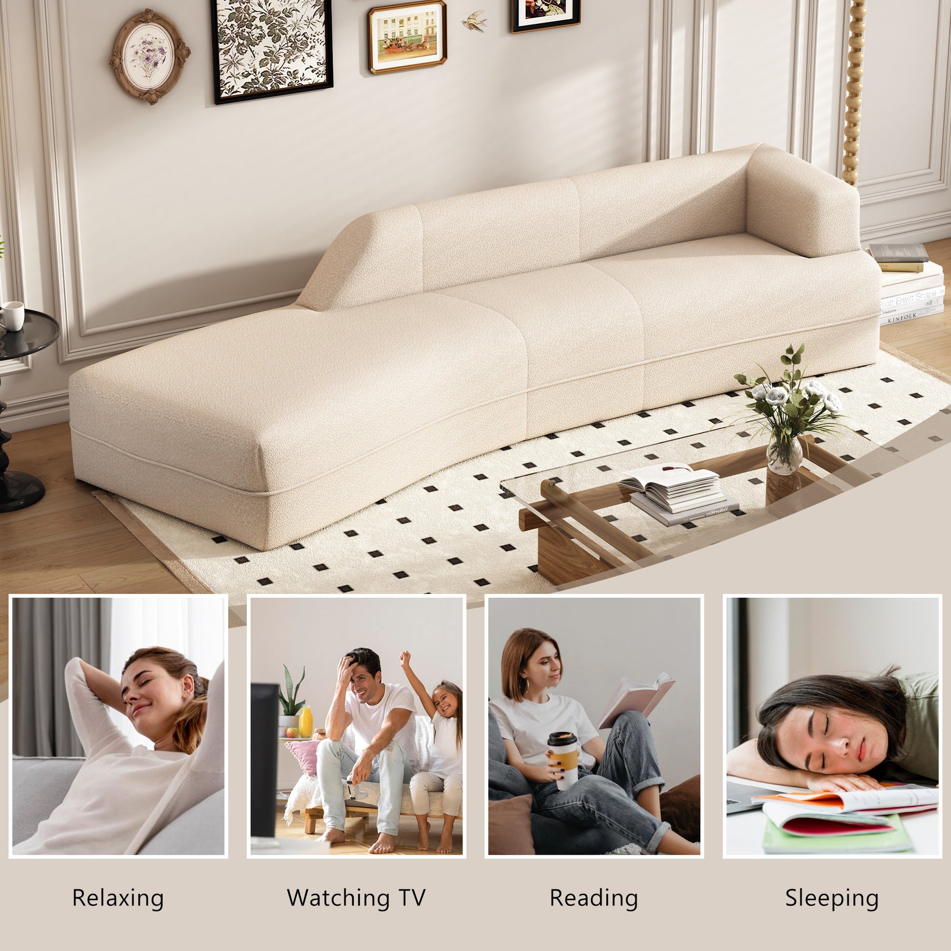 109.4" Curved Chaise Lounge Modern Indoor Sofa Couch For Living Room, Beige Old Sku:Wf313109Aaa Beige Boucle