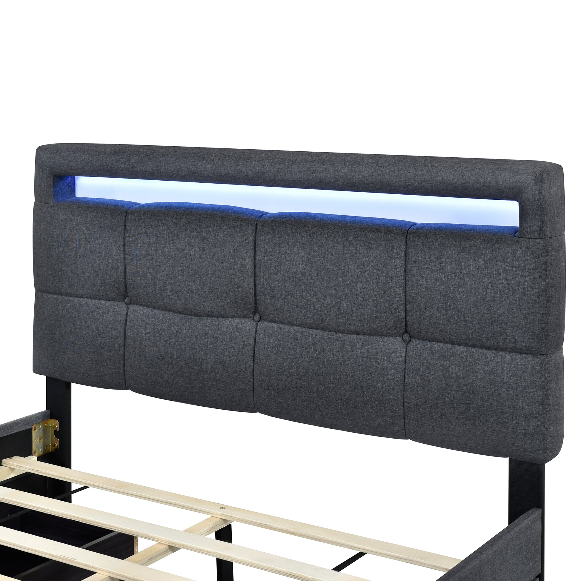 Full Size Upholstered Platform Bed With Led Frame And 4 Drawers, Linen Fabric, Gray Gray Linen