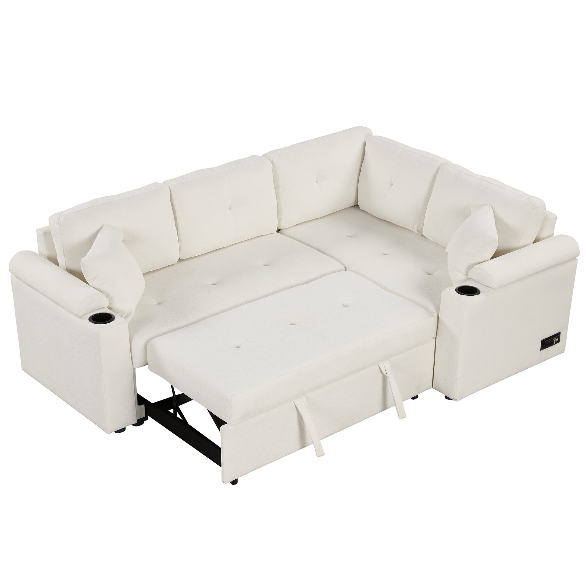 83" L Shape Sofa Bed Pull Out Sleeper Sofa With Wheels, Usb Ports, Power Sockets For Living Room, Beige Beige Foam Boucle 3 Seat