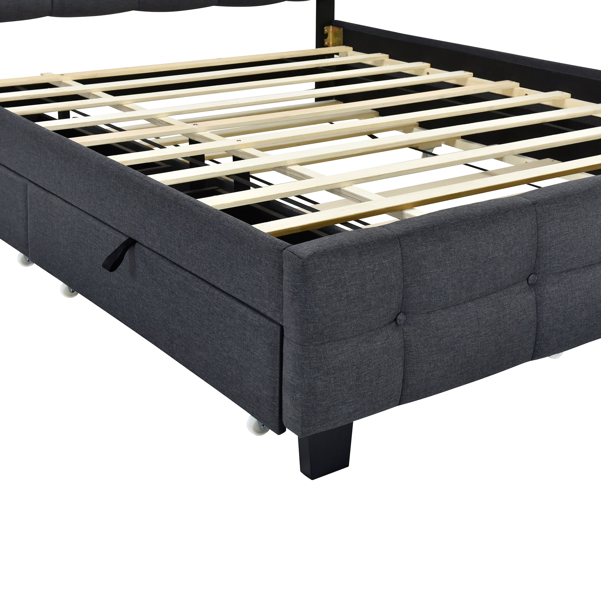 Queen Size Upholstered Platform Bed With Led Frame, With Twin Xl Size Trundle And 2 Drawers, Linen Fabric, Gray Gray Linen