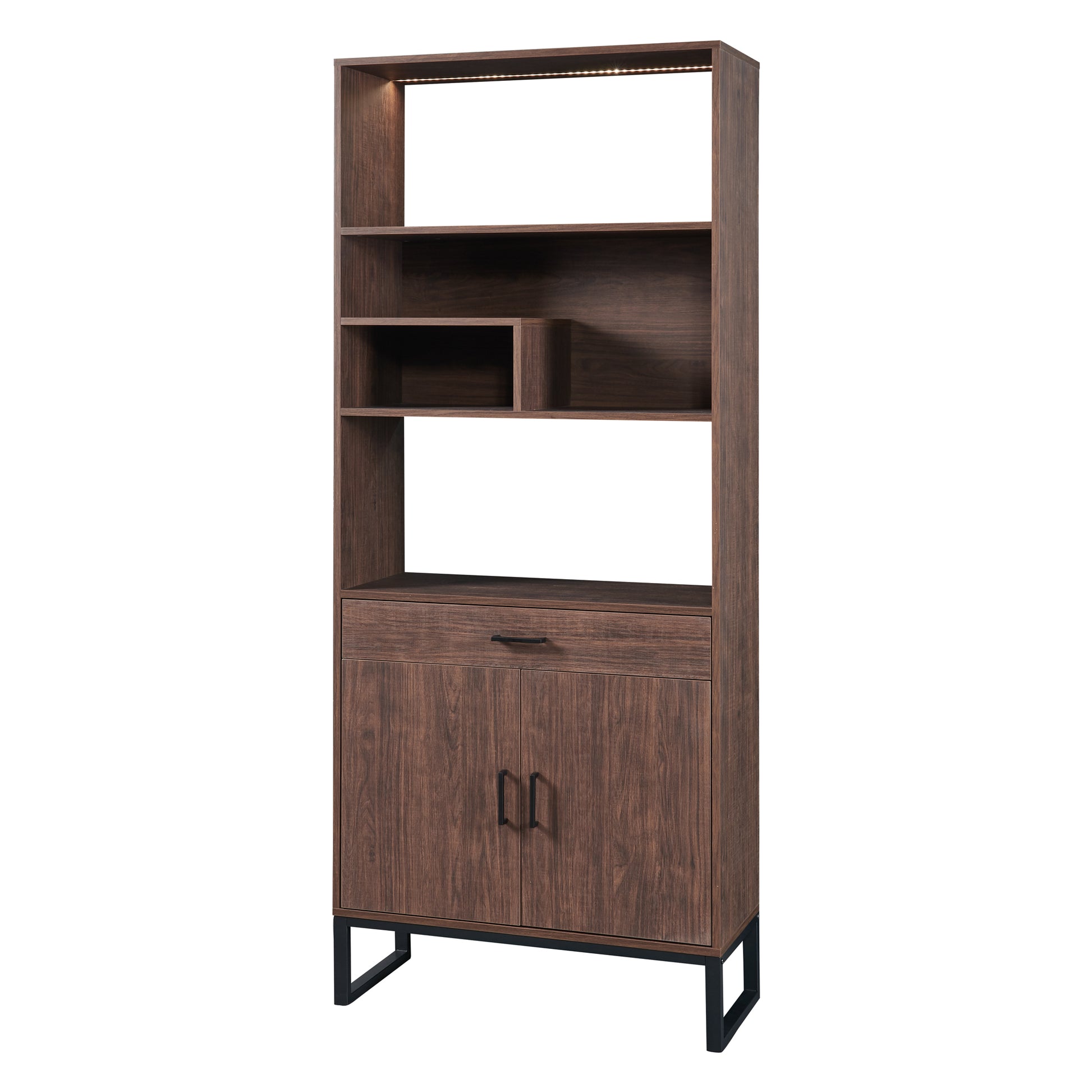 75.9"Modern Open Bookshelf With Doors, Bookcase With Storage Drawer And Led Strip Lights,Free Standing Display Rack,Wooden Tall Bookshelf For Living Room And Office, Walnut Walnut Mdf