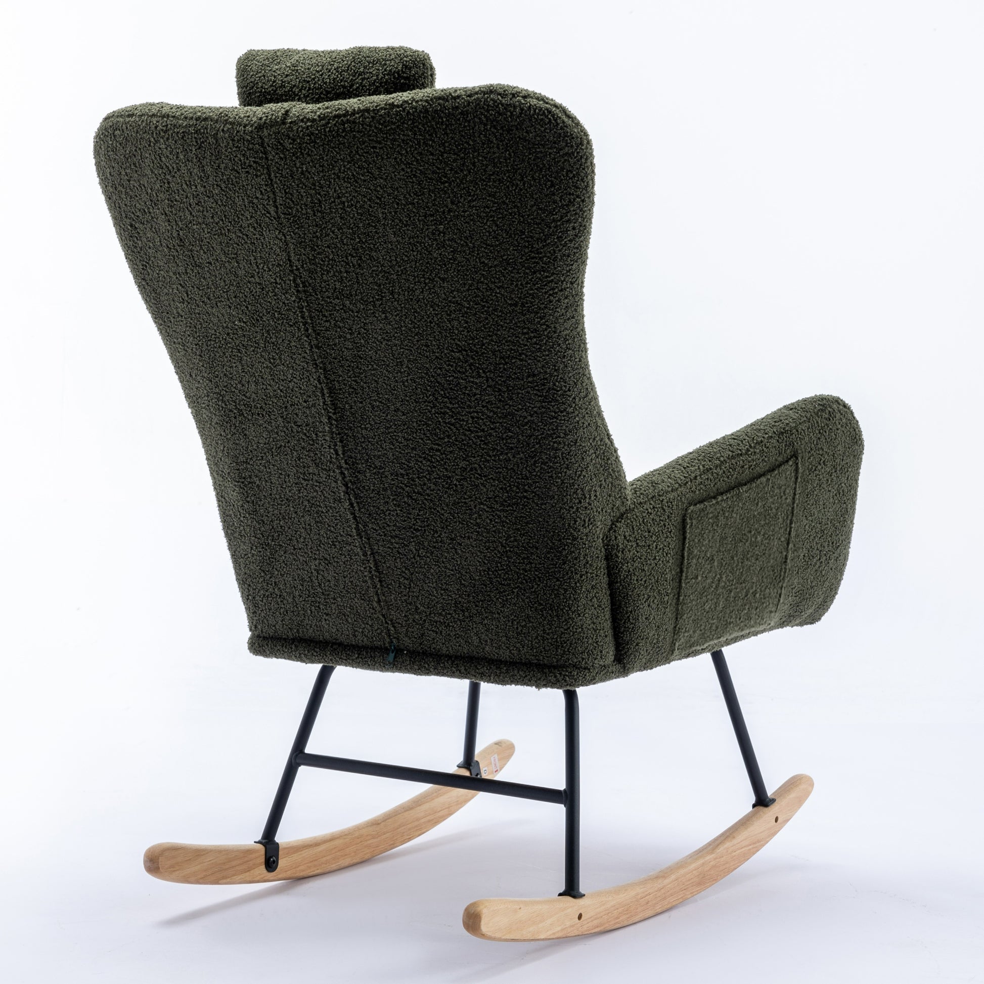 35.5 Inch Rocking Chair With Pocket, Soft Teddy Fabric Rocking Chair For Nursery, Comfy Wingback Glider Rocker With Safe Solid Wood Base For Living Room Bedroom Balcony Dark Green Dark Green Casual Foam Teddy