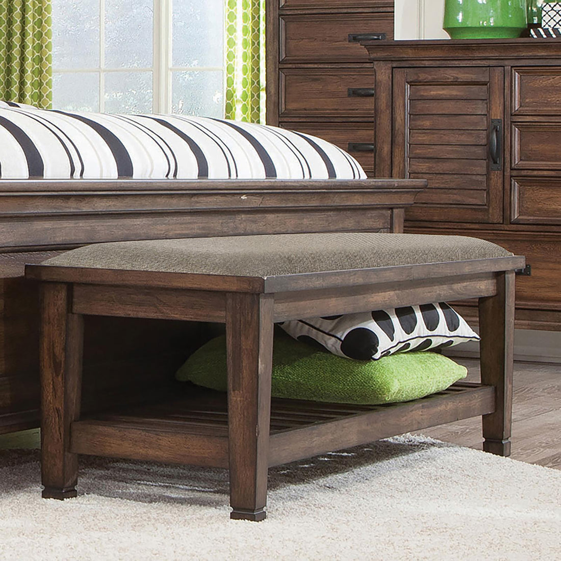 Brown and Burnished Oak Upholstered Bench with