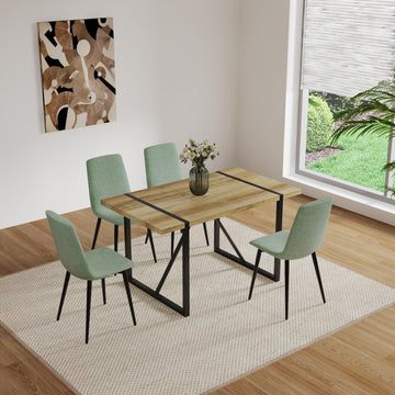 Mdf Wood Colour Dining Table And Modern Dining Chairs Set Of 4, Mid Century Wooden Kitchen Table Set, Metal Base & Legs, Dining Room Table And Linen Chairs Natural Wood Kitchen Mid Century Modern Mdf