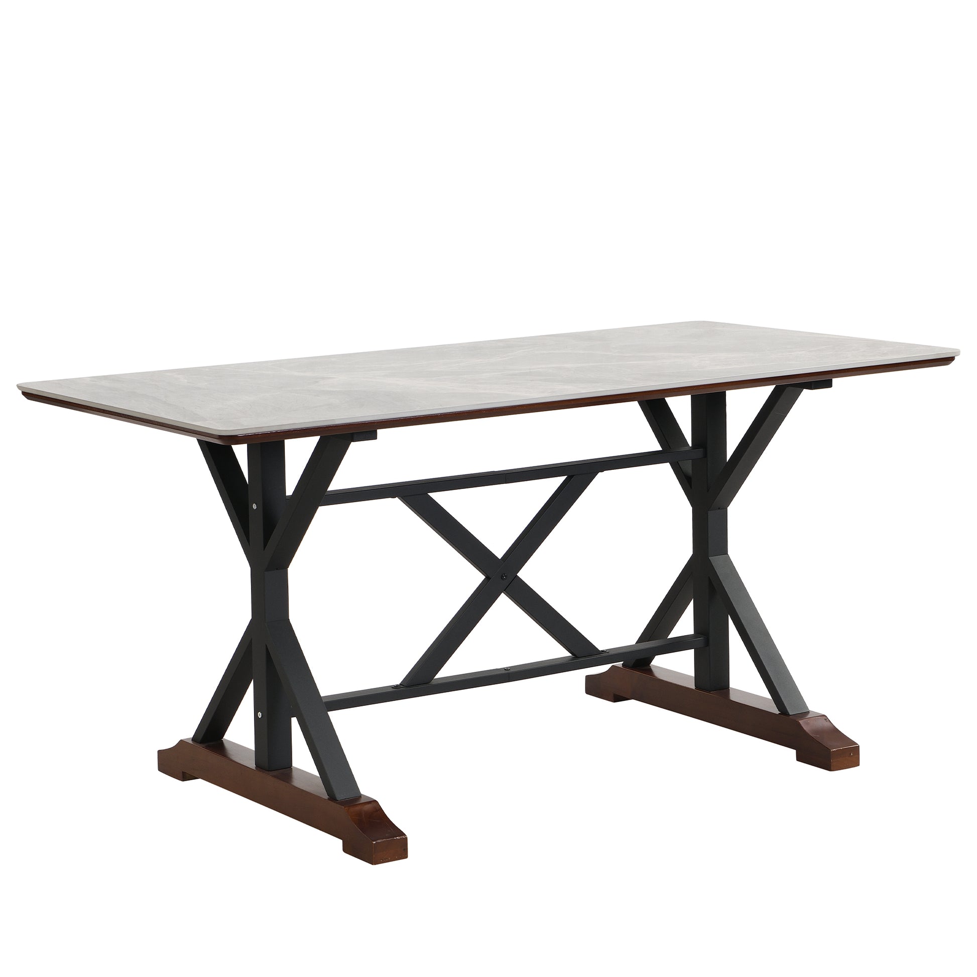 Sintered Stone Dining Table, 63" Modern Gray Rectangular Kitchen Dinner Table, Faux Marble Dining Room Table With X Shaped Metal Legs And Solid Wood Base, Scratch And Heat Resistant, Table Only Gray Classic,Mid Century Modern,Modern Solid Wood Mdf