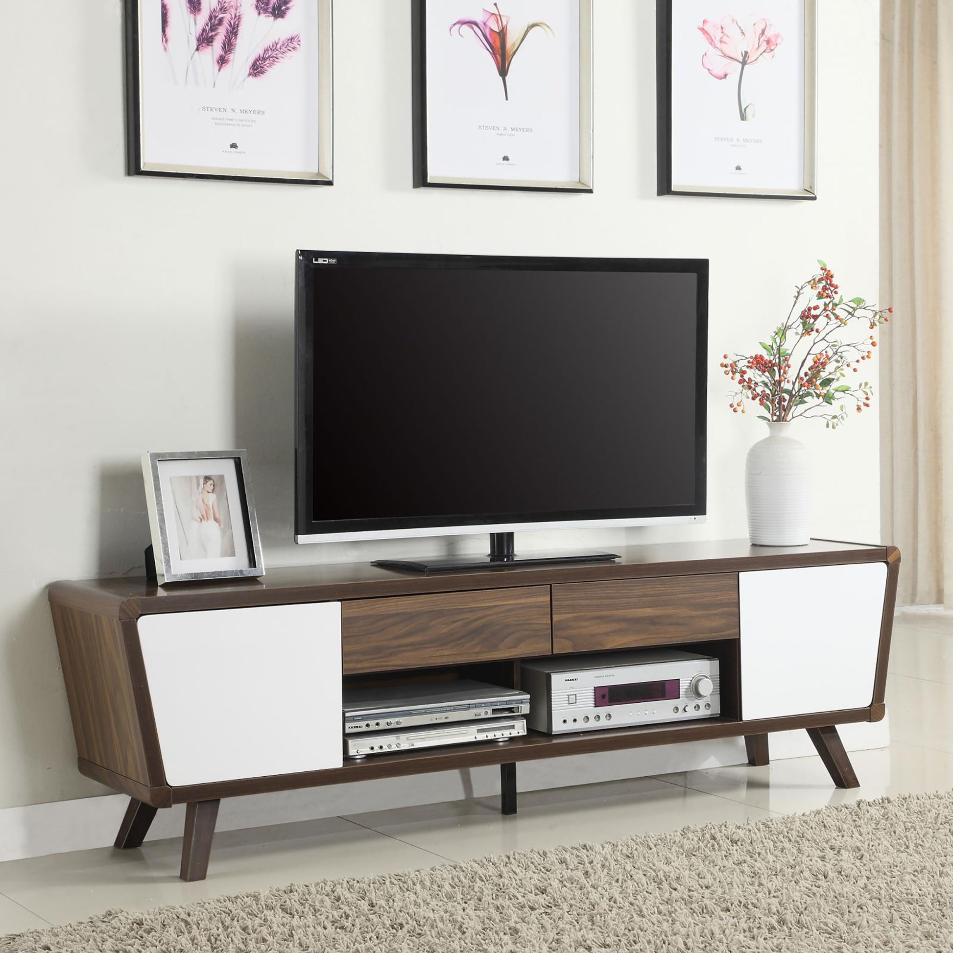 Dark Walnut And Glossy White 2 Door Tv Console Walnut Brown 70 79 Inches Mid Century Modern Wood