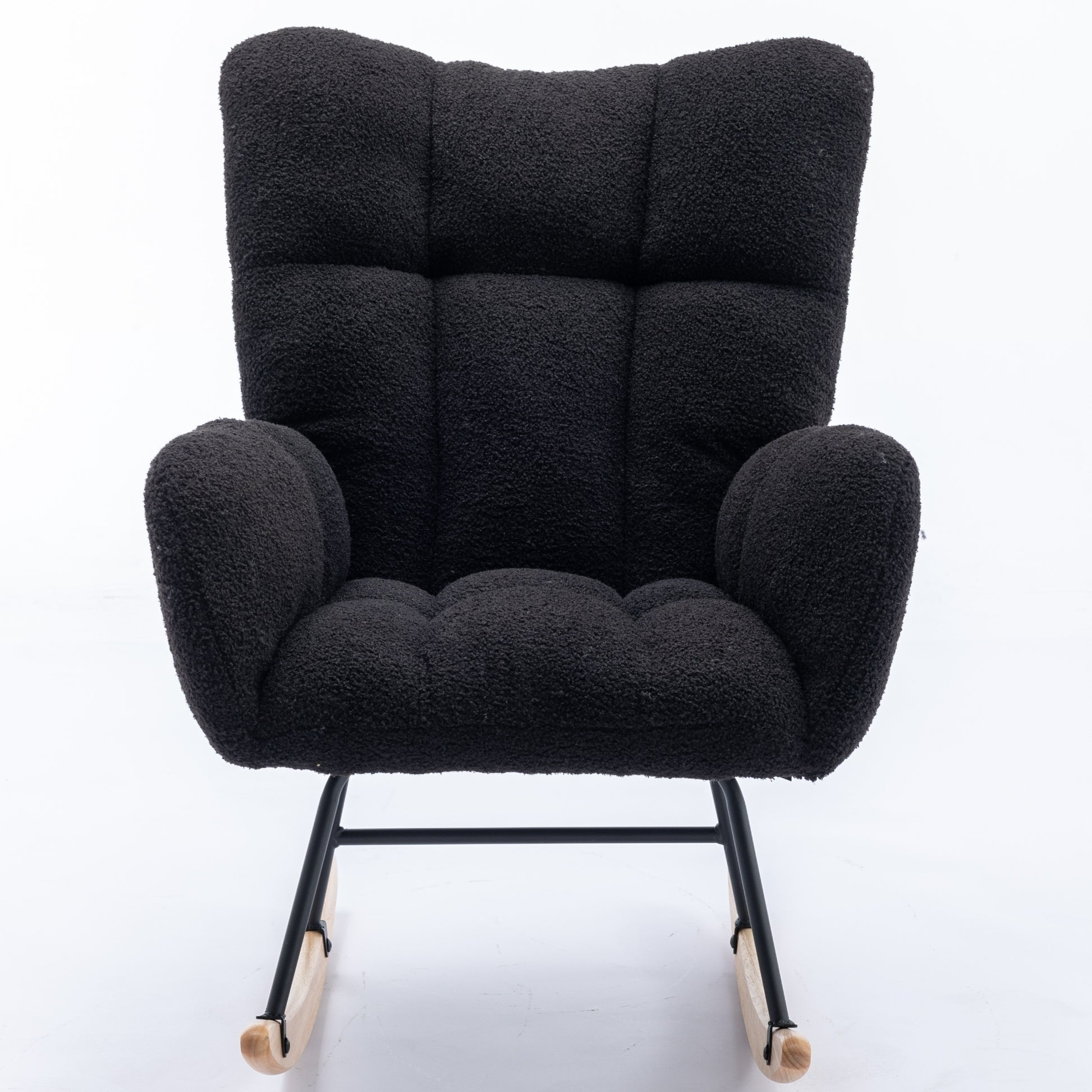 Rocking Chair With Pocket, Soft Teddy Fabric Rocking Chair For Nursery, Comfy Wingback Glider Rocker With Safe Solid Wood Base For Living Room Bedroom Balcony Black Black Casual Foam Teddy