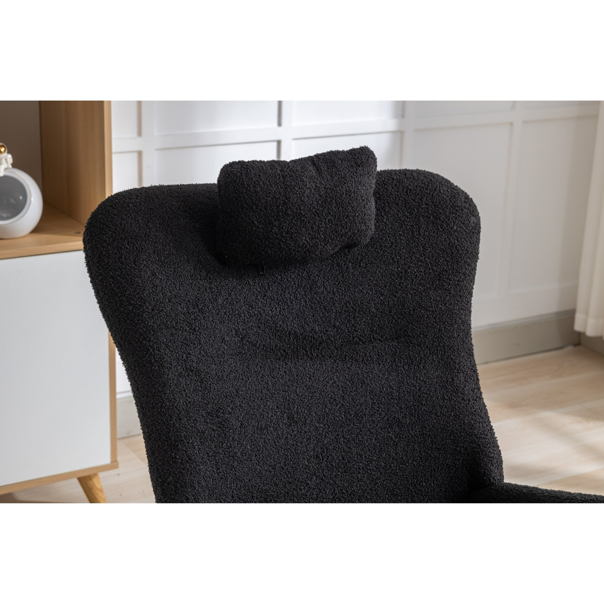 35.5 Inch Rocking Chair With Pocket, Soft Teddy Fabric Rocking Chair For Nursery, Comfy Wingback Glider Rocker With Safe Solid Wood Base For Living Room Bedroom Balcony Black Black Casual Foam Teddy