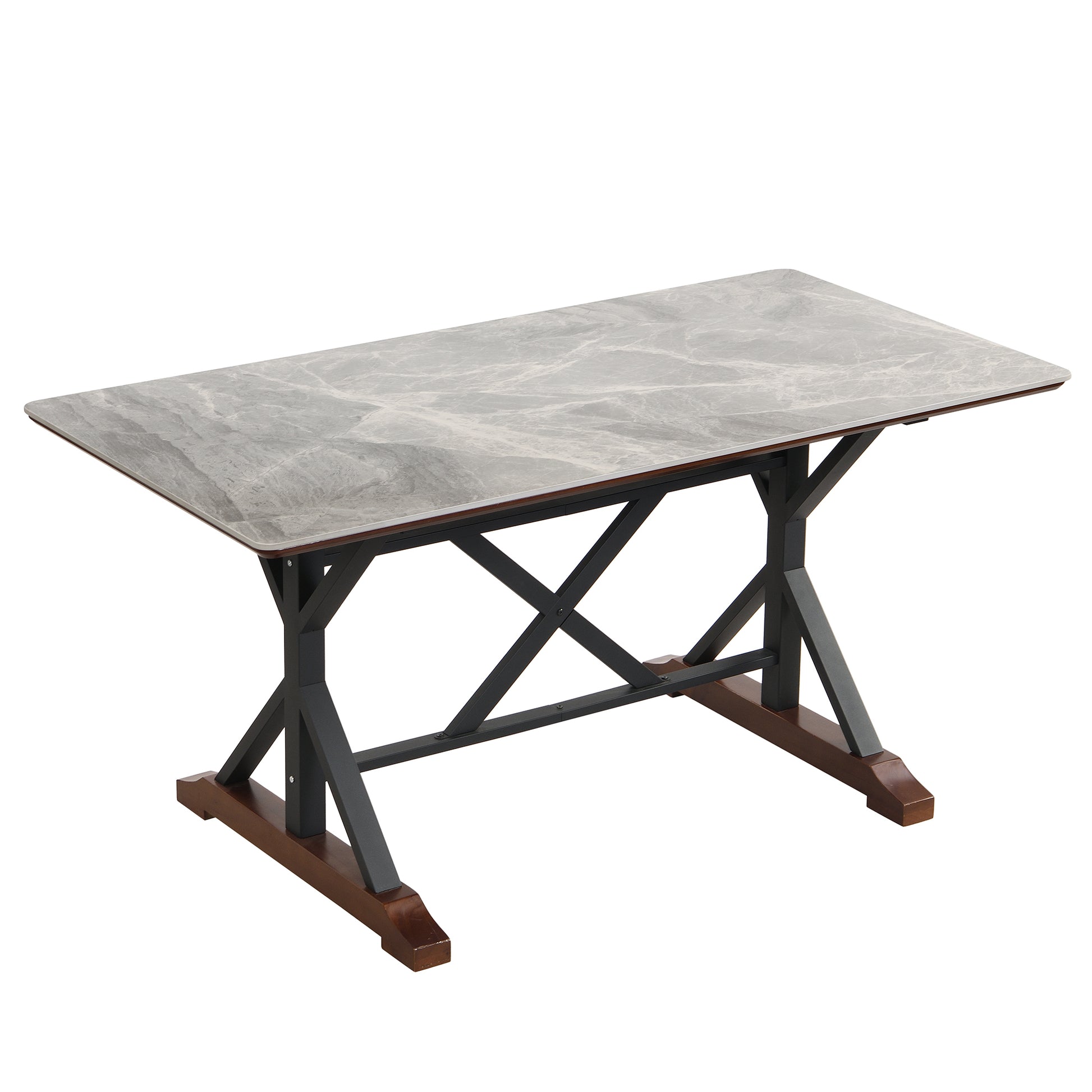 Sintered Stone Dining Table, 63" Modern Gray Rectangular Kitchen Dinner Table, Faux Marble Dining Room Table With X Shaped Metal Legs And Solid Wood Base, Scratch And Heat Resistant, Table Only Gray Classic,Mid Century Modern,Modern Solid Wood Mdf