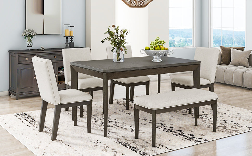 6 Piece Dining Table Set With Upholstered Dining Chairs And Bench,Farmhouse Style, Tapered Legs, Dark Gray Beige Gray Wood Dining Room Bench Seating Rubberwood Rectangular Dining Table With Chair And Bench Upholstered Chair Wood Beige Grey Solid Back