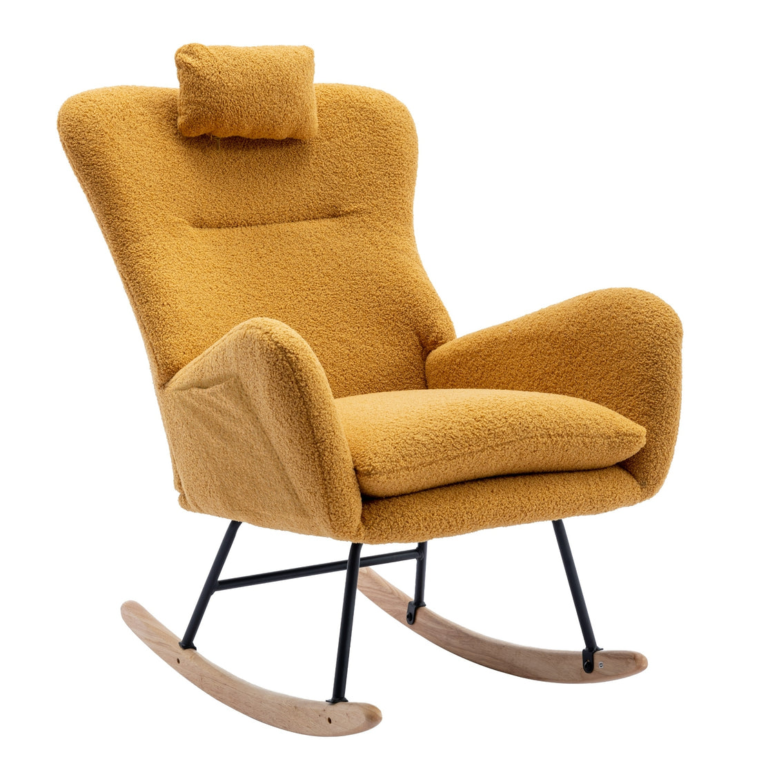 35.5 Inch Rocking Chair With Pocket, Soft Teddy Fabric Rocking Chair For Nursery, Comfy Wingback Glider Rocker With Safe Solid Wood Base For Living Room Bedroom Balcony Turmeric Yellow Casual Foam Teddy