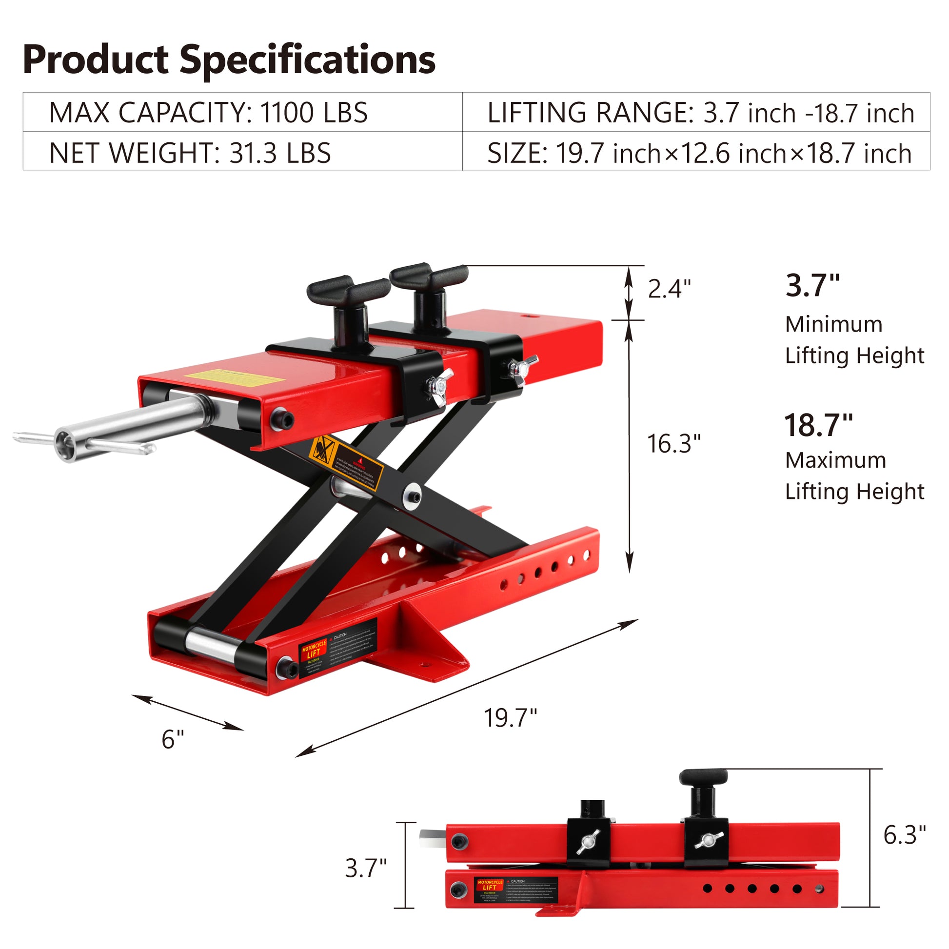 Motorcycle Center Scissor Lift Jack Hoist Stand Bikes Atvs Scooter Crank Stand With Saddle And Safety Pins 1100 Lb Red Steel