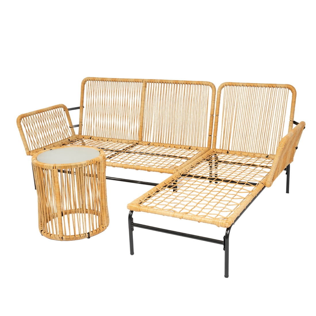 3 Pieces Outdoor Patio Wicker Furniture Sets Table And Chairs With 3.15 Inches Thick Cushion Outdoor Sofa Set Natural Yellow Wicker Creme Cushion Yes Complete Patio Set Light Yellow Rust Resistant Frame Mildew Resistant Cushion Garden & Outdoor Modern
