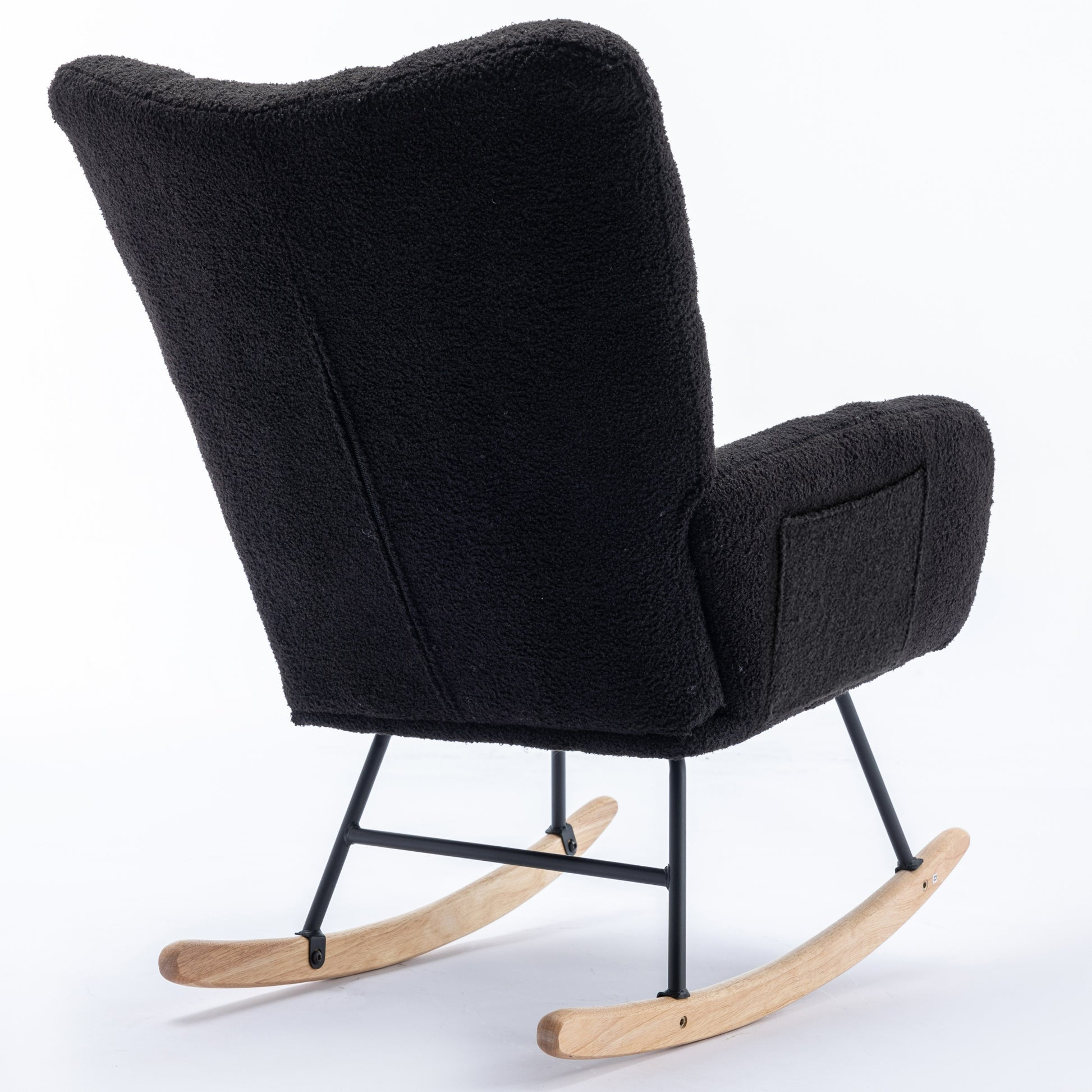 Rocking Chair With Pocket, Soft Teddy Fabric Rocking Chair For Nursery, Comfy Wingback Glider Rocker With Safe Solid Wood Base For Living Room Bedroom Balcony Black Black Casual Foam Teddy