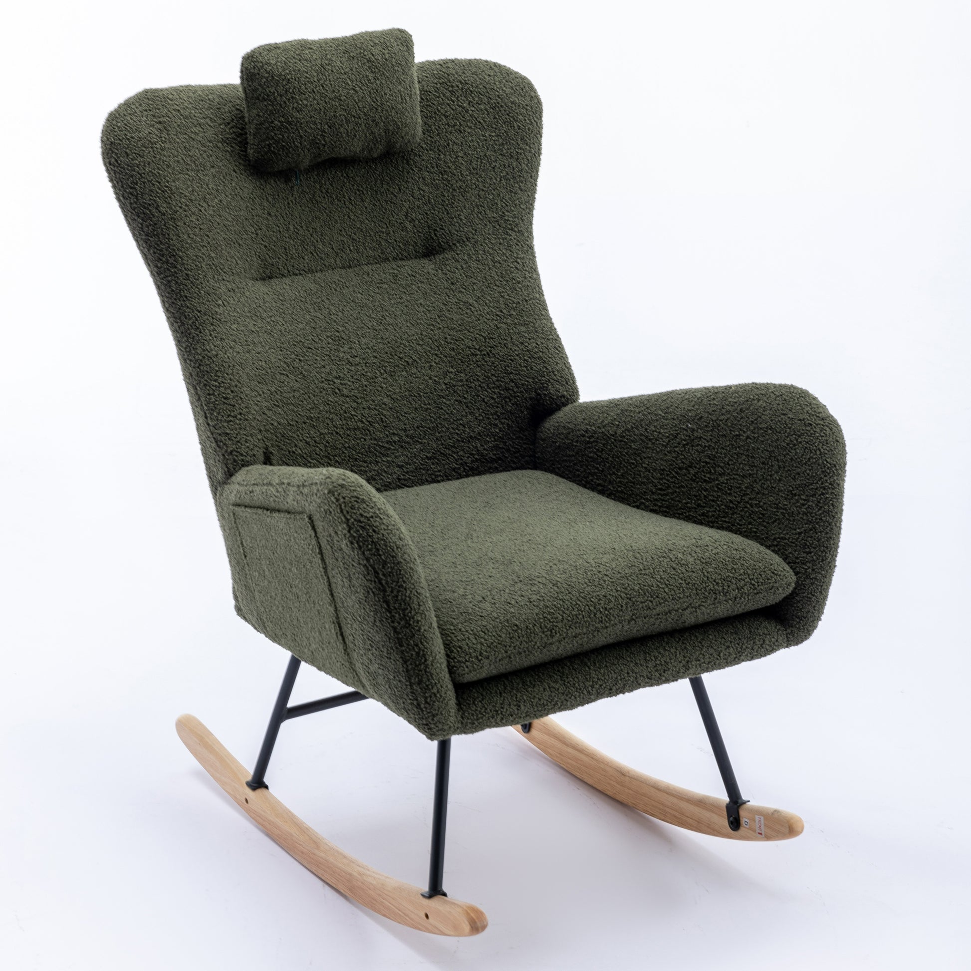 35.5 Inch Rocking Chair With Pocket, Soft Teddy Fabric Rocking Chair For Nursery, Comfy Wingback Glider Rocker With Safe Solid Wood Base For Living Room Bedroom Balcony Dark Green Dark Green Casual Foam Teddy