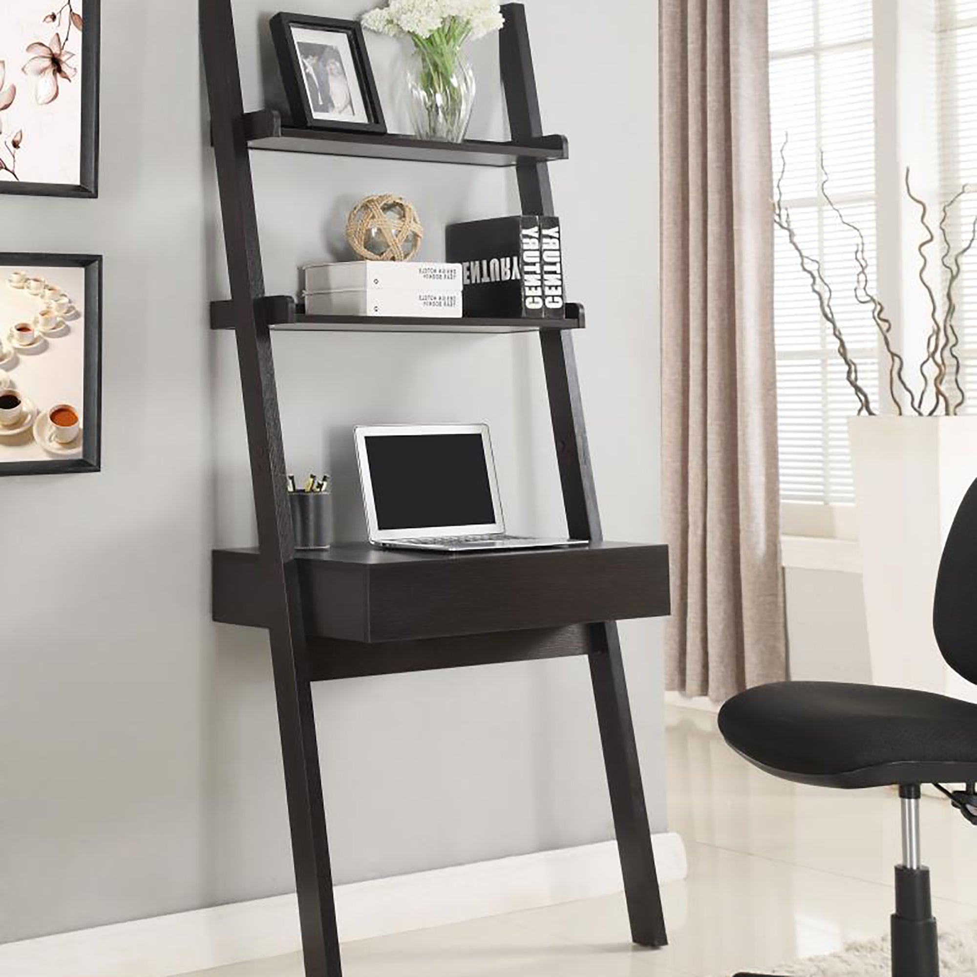 Cappuccino Wall Leaning Ladder Desk Cappuccino Brown Writting Desk Office Transitional Wall Mount Rectangular Drawers Desk Wood